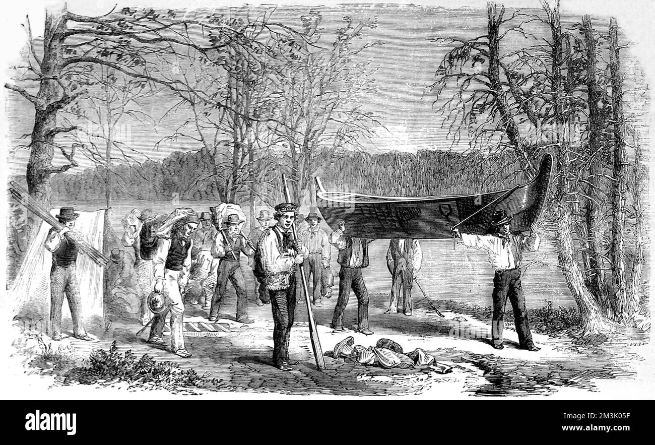 Dans la partie de l'expédition se trouvaient 14 Indiens iroquois, 2 Canadiens français et divers géologues, ingénieurs civils, pourvoyeurs et dessinateurs. Ici, la fête est vue transportant un canot entre les lacs et les rivières. Date: 1858 Banque D'Images