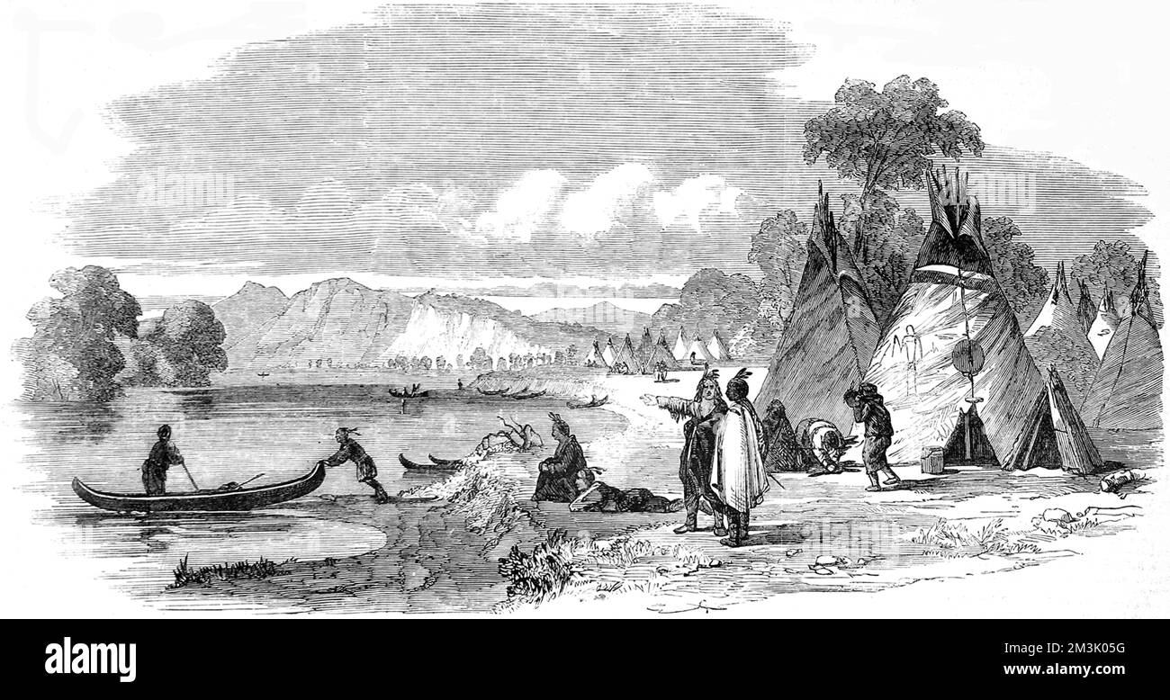 Amérindiens. La rivière Missippi. Un campement Sioux. Banque D'Images