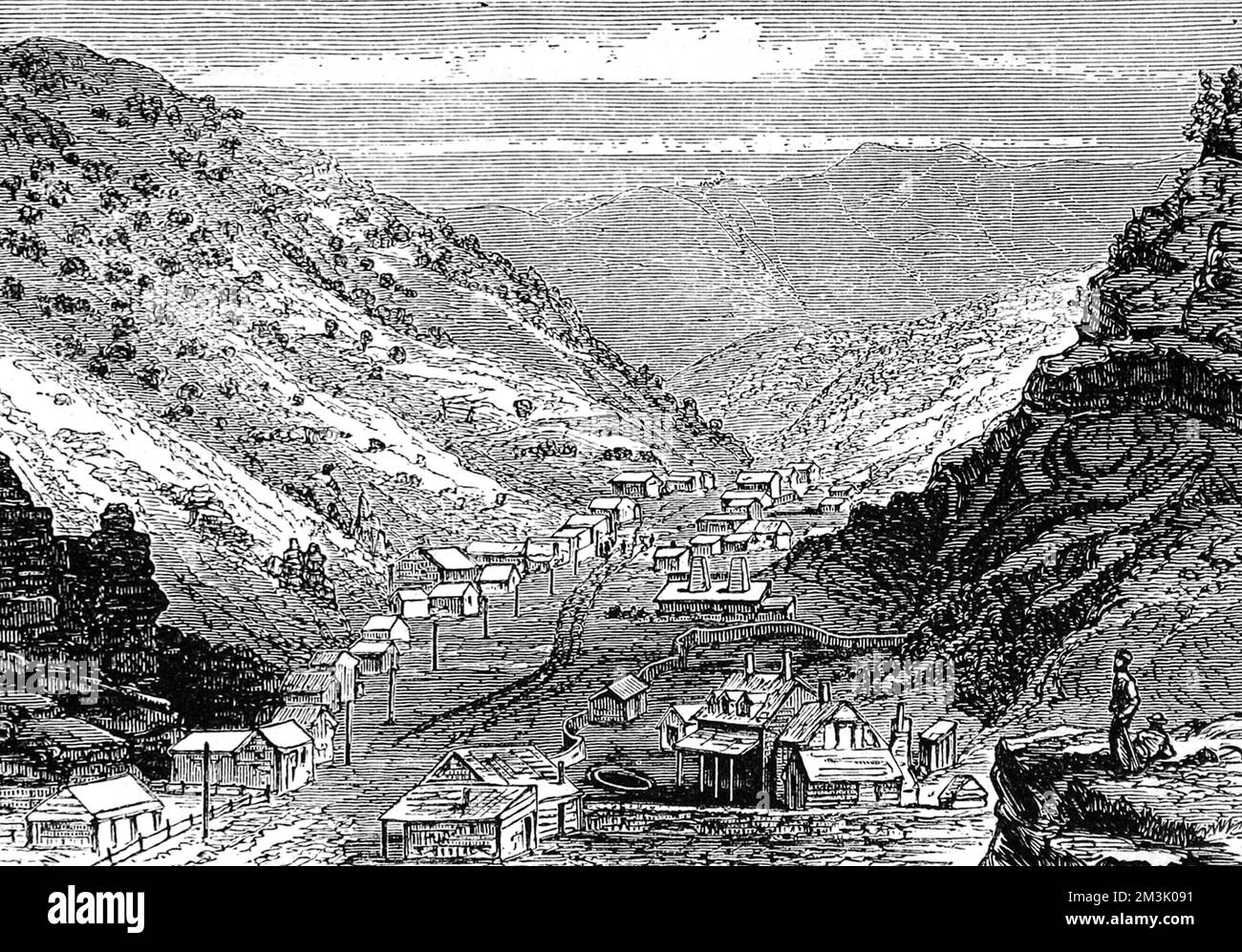 Paysage des Rocheuses dans l'Utah, montrant des maisons récemment construites avec des cadres en bois. Date: 1874 Banque D'Images