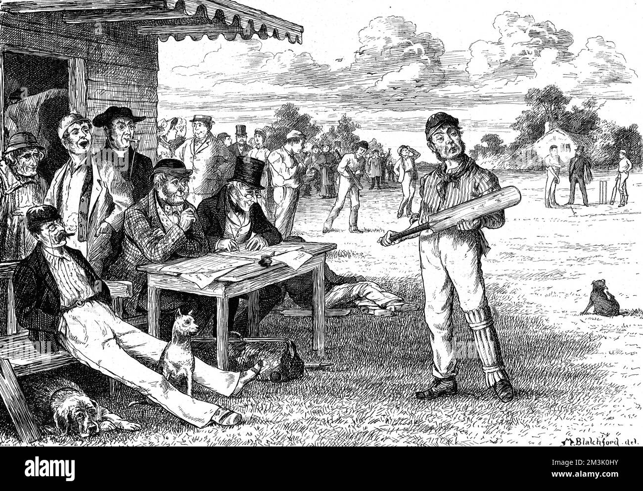 Une scène à côté du pavillon lors d'un match de cricket du comté, vers 1881. À gauche de l'image se trouvent un certain nombre de spectateurs et les deux tireurs, assis à leur table; à droite, l'un des côtés de la batte, peut-être le dernier homme sorti. 1881 Banque D'Images