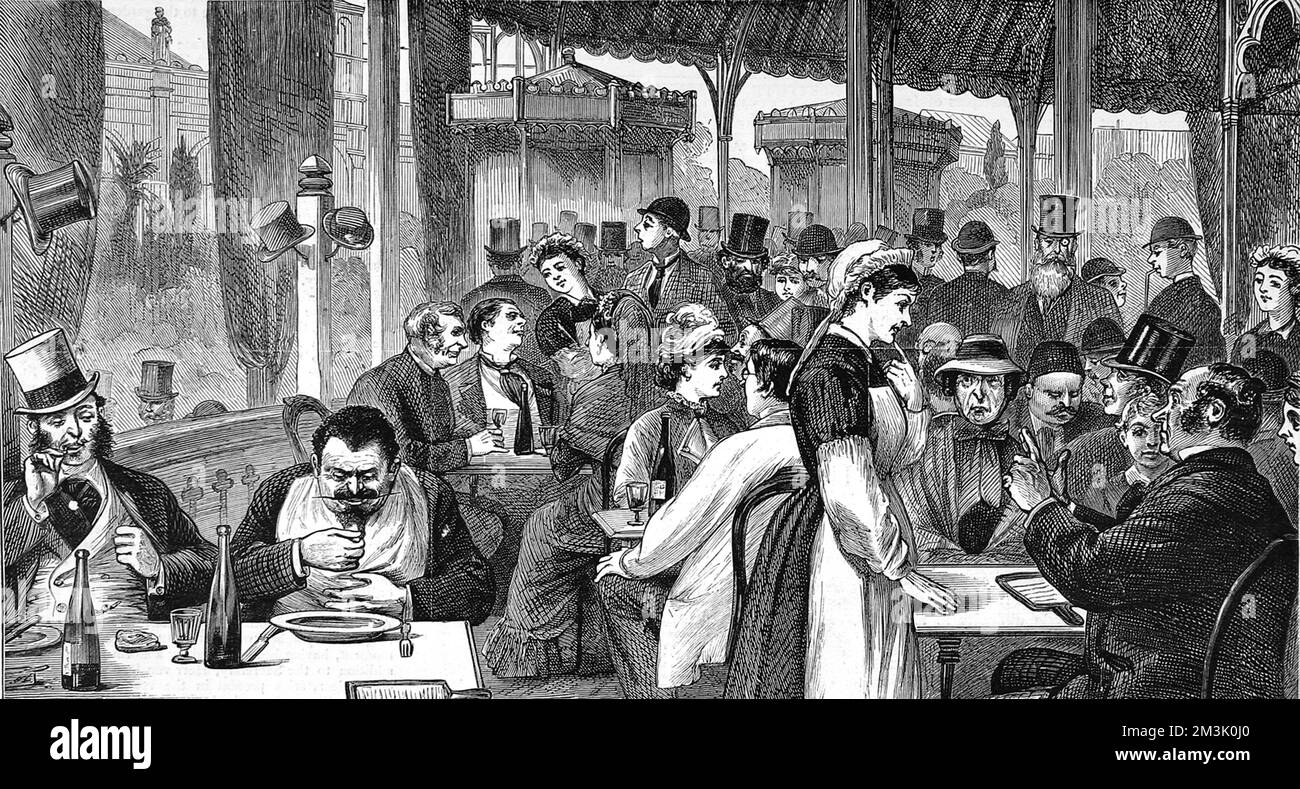Gravure du restaurant Duval à l'exposition de Paris de 1878. Ce restaurant était un immense bâtiment en bois, capable d'accueillir plusieurs milliers de convives. Date: 1878 Banque D'Images