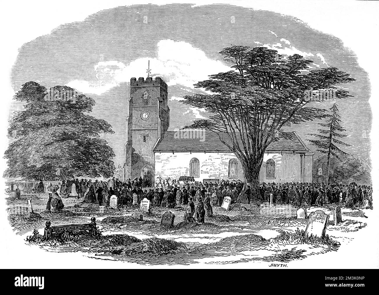 Église Drayton Bassett pendant les funérailles de sir Robert Peel (1788-1850), homme d'État anglais et premier ministre. Peel était un député conservateur qui avait des vues fortes sur le catholicisme irlandais et le libre-échange contre le protectionnisme, mais il est probablement préférable de se rappeler pour avoir organisé la police de Londres en 1829. Pendant longtemps, les policiers britanniques ont été surnommés « peelers » ou « Bobbies » en référence à Robert Peel. Le 29th juin 1850, Peel a été jeté de son cheval et a subi des blessures mortelles. 1850 Banque D'Images