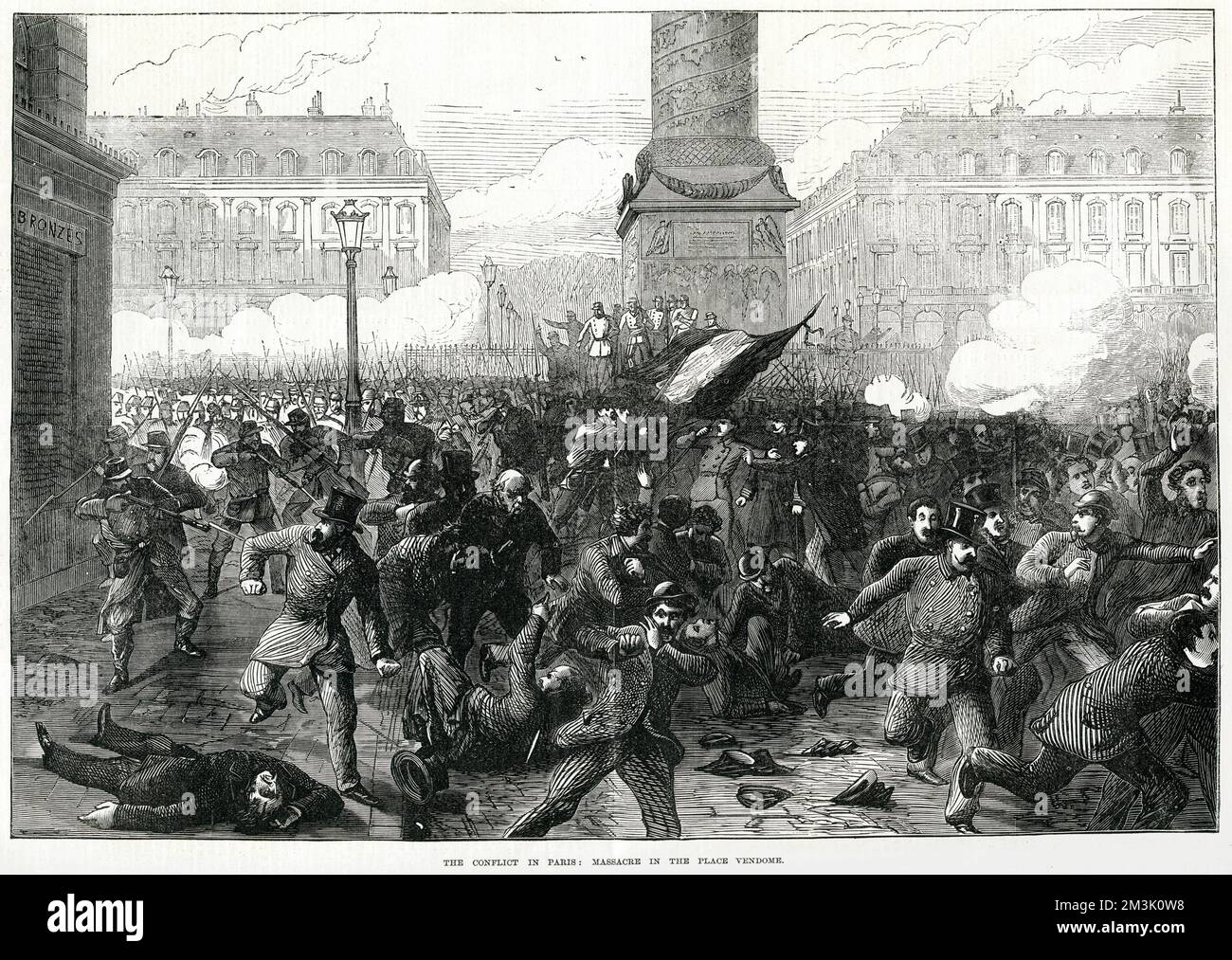 Le massacre de la place Vendôme, Paris, le 22nd mars 1871. Ce jour-là, les amis de l'ordre ont organisé une manifestation pacifique à l'extérieur du quartier général de la Garde nationale. La réunion est devenue chauffée et les manifestants ont été mis à feu par la Garde, tuant des dizaines de personnes. A la fin de la guerre franco-prussienne, les socialistes parisiens ont établi la commune et ont refusé de céder Paris au gouvernement français de droite. Cela a conduit à des combats acharnés dans les rues de la ville et à des exécutions à grande échelle de communautés. Date: 1871 Banque D'Images