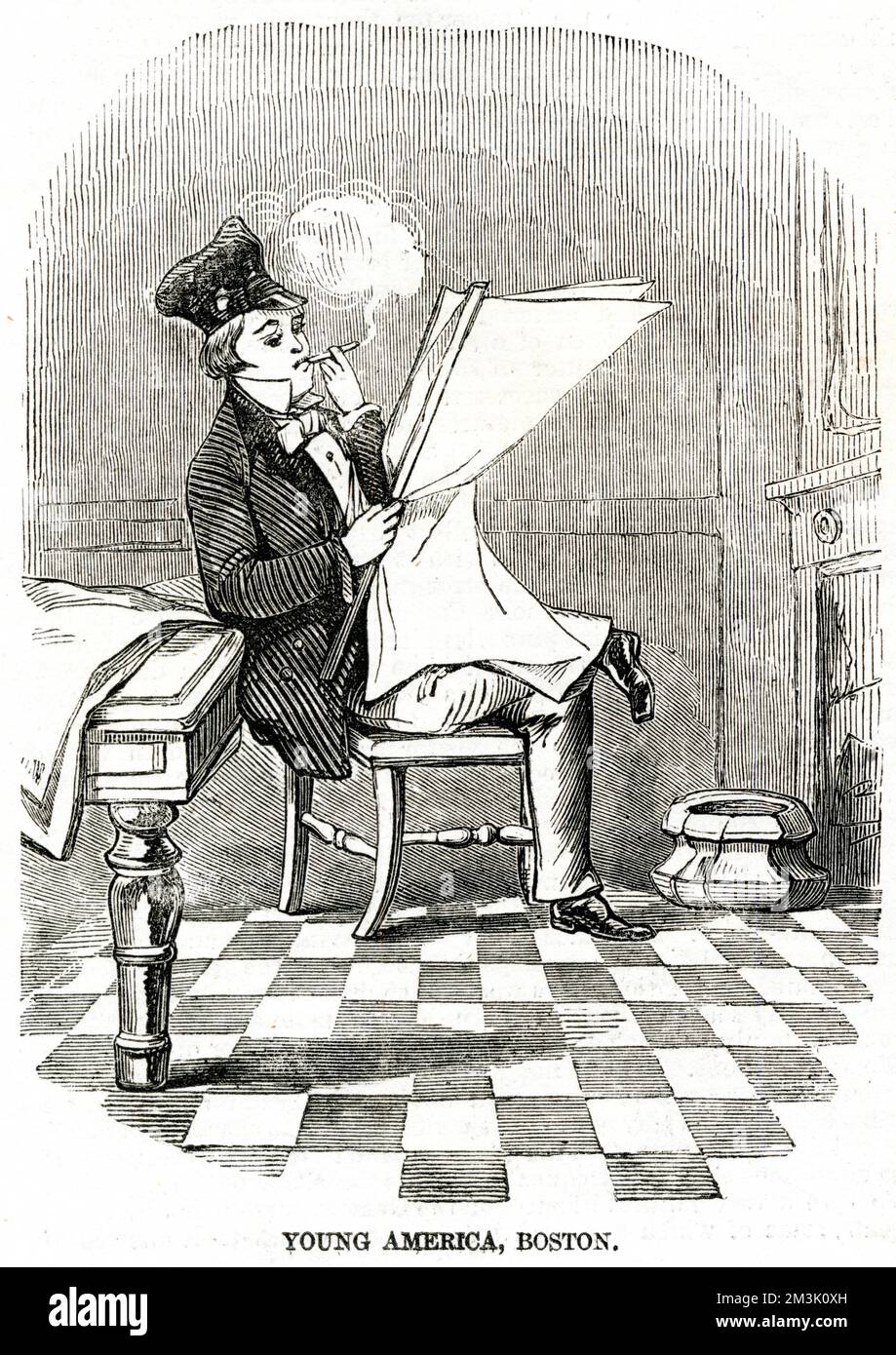 Un jeune tablier qui fume un cheroot et qui lit les dernières nouvelles, Boston, 1856. "Jeune Amérique" était le nom d'un mouvement démocratique lancé aux Etats-Unis dans les années 1830. Date: 1856 Banque D'Images