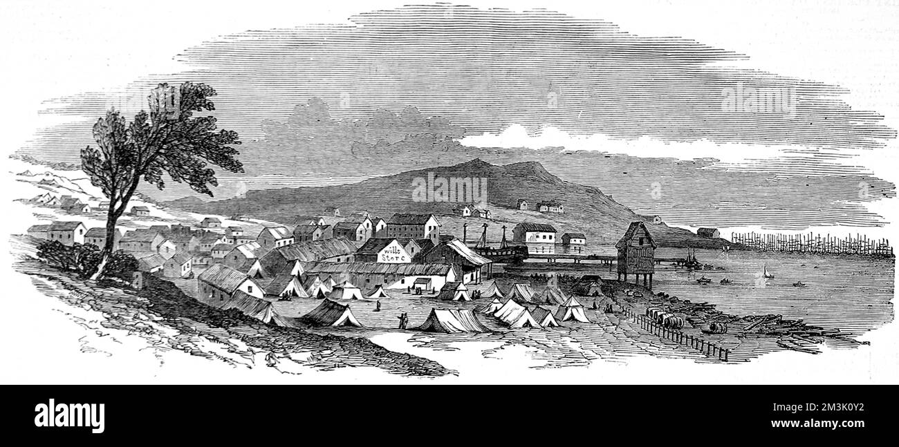 San Francisco, vue du Sud-Ouest. Fondée en tant que ville de la ruée vers l'or, San Francisco comptait à l'époque seulement 10 à 15 000 habitants. Des maisons et des tentes en bois sont montrées, ainsi que Wills Store au centre du croquis et une grande flotte de navires en arrière-plan. Banque D'Images