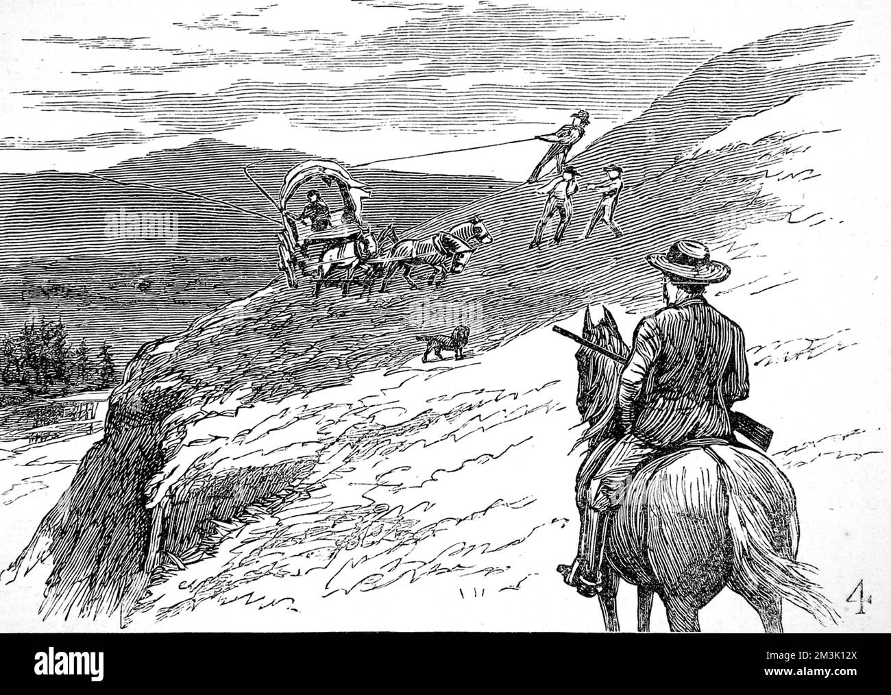 Un wagon faisant son chemin autour d'une colline escarpée au-dessus de la rivière dans le parc national de Yellowstone. La rive de la rivière est si raide que trois hommes sont nécessaires pour tirer des cordes pour maintenir le wagon droit. Banque D'Images