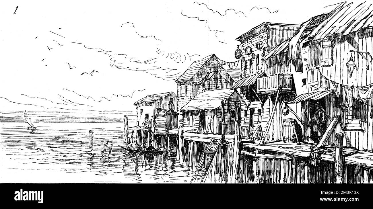 Maisons encadrées en bois sur de longues pilotis sur le front de mer de San Francisco. Date: 1880 Banque D'Images