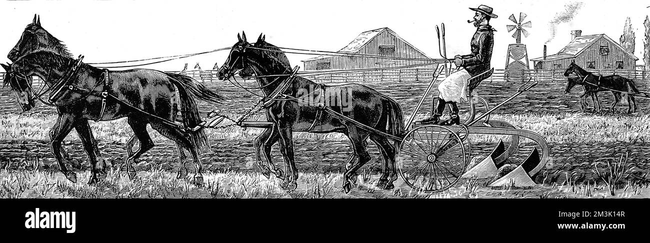 La charrue est tirée par une équipe de quatre chevaux, les entrepôts et la ferme encadrée boisée peuvent être vus en arrière-plan. Date: 1883 Banque D'Images