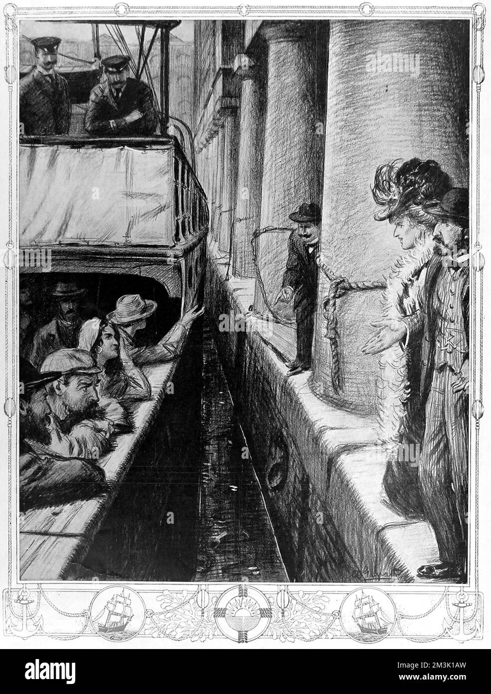 Quelques immigrants qui se sont vu refuser l'admission en Grande-Bretagne, debout sur le pont d'un navire marchand, parlant à quelques compatriotes sur le quai, 1911. L'équipage du navire est vu en observant de près ses passagers pour s'assurer qu'ils ne tentent pas de se rendre sur la rive. Le titre original de cette illustration était "rejeté de la ville dont les rues sont pavées d'or". Date: 1911 Banque D'Images