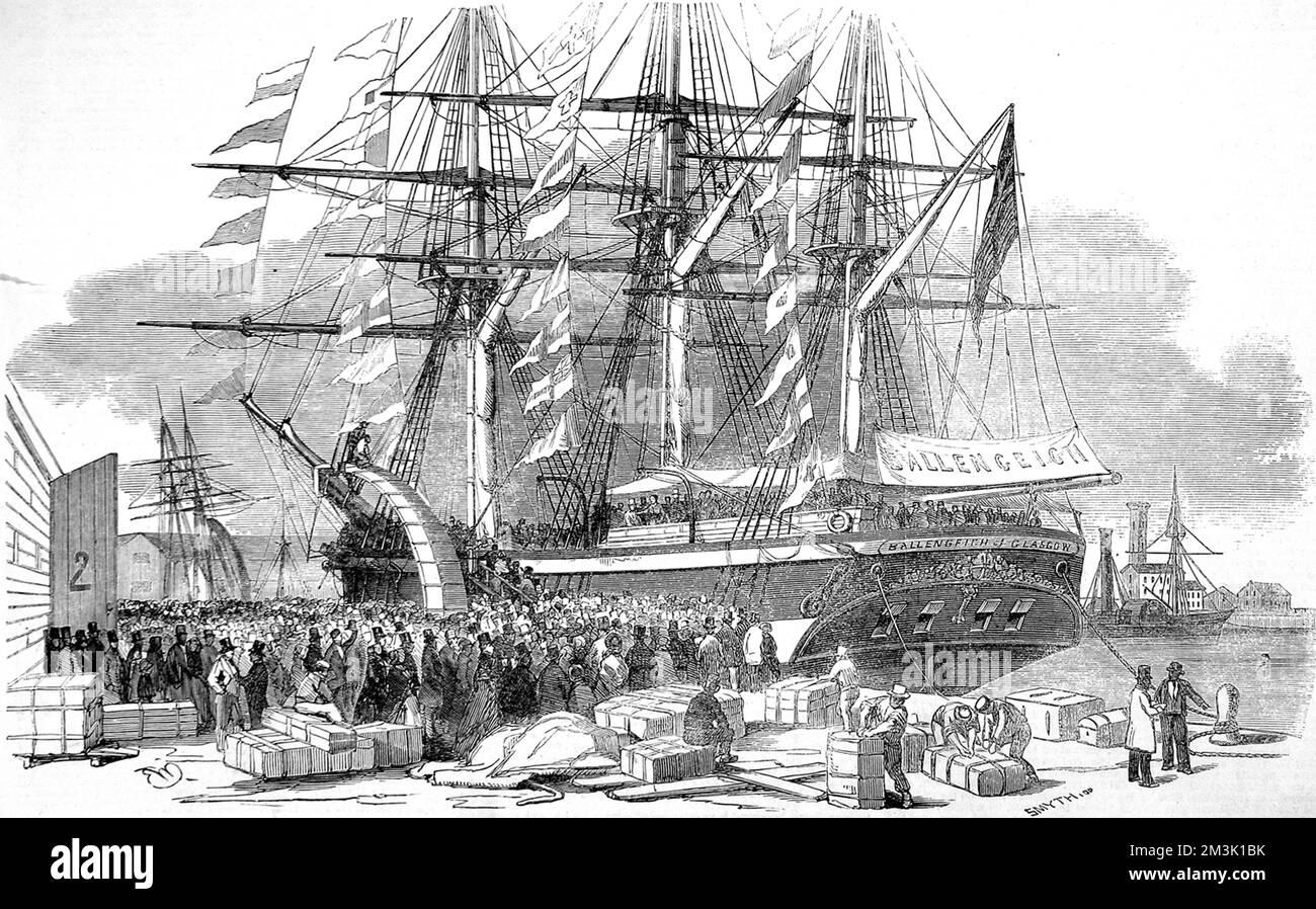 Le départ du navire émigré, 'Ballengech', de Southampton en direction de l'Australie. Ce navire était l'un de ceux qui naviguaient avec des émigrants profitant de la « Family Colonation Loan Society » de Caroline Chisholm. 1852 Banque D'Images