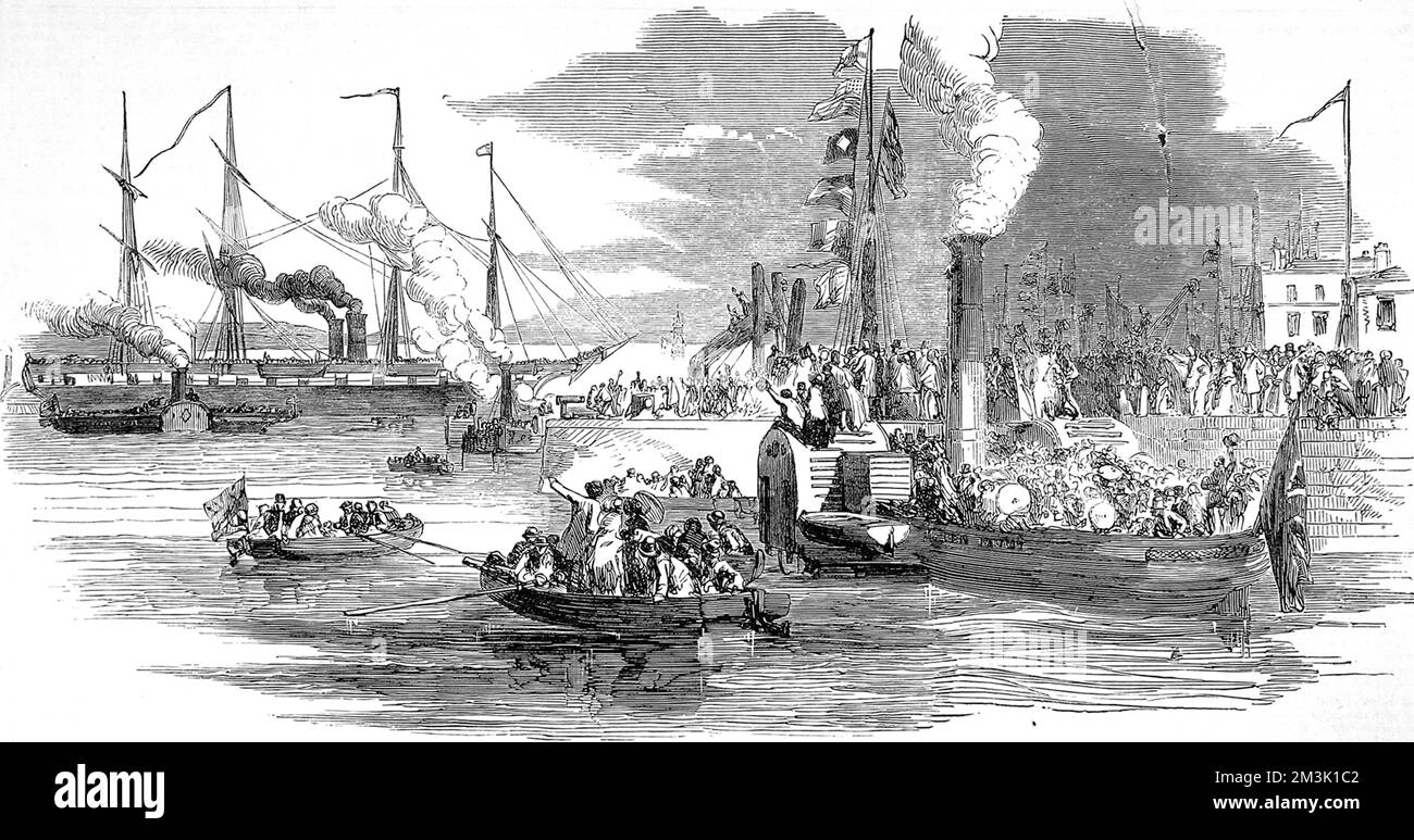 Scène animée à Prince's Pier, Liverpool, alors que des centaines de spectateurs applaudissent le bateau à vapeur « Grande-Bretagne » lors de son départ pour l'Australie. 1852 Banque D'Images