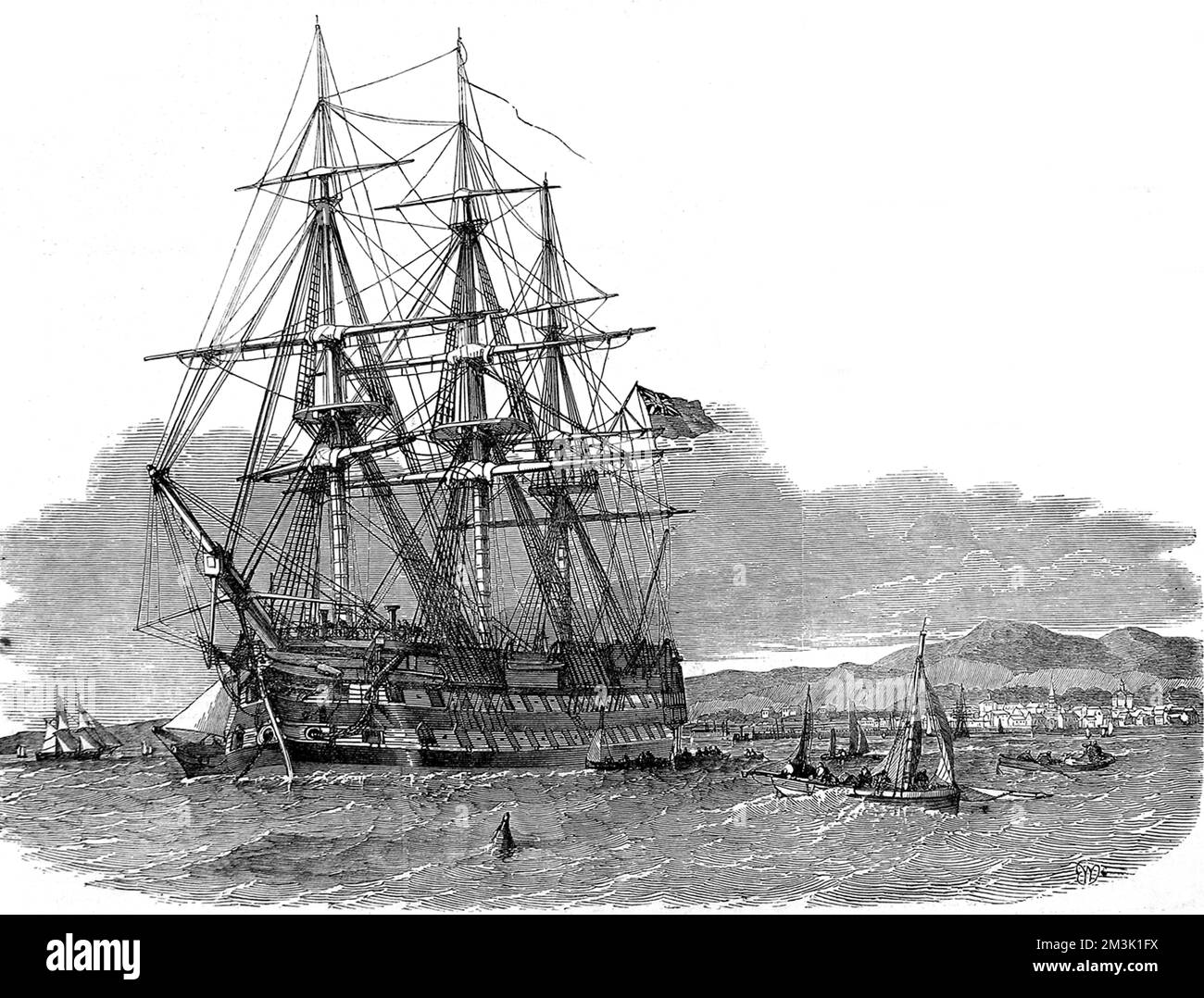 Gravure montrant le navire émigré « Hercules » à l'ancre dans le port de Campbelton, île de Skye, 1853. Les « Hercules » partirent de Skye cette année-là avec des passagers émigrant pour une nouvelle vie dans les colonies britanniques. Date: 1853 Banque D'Images
