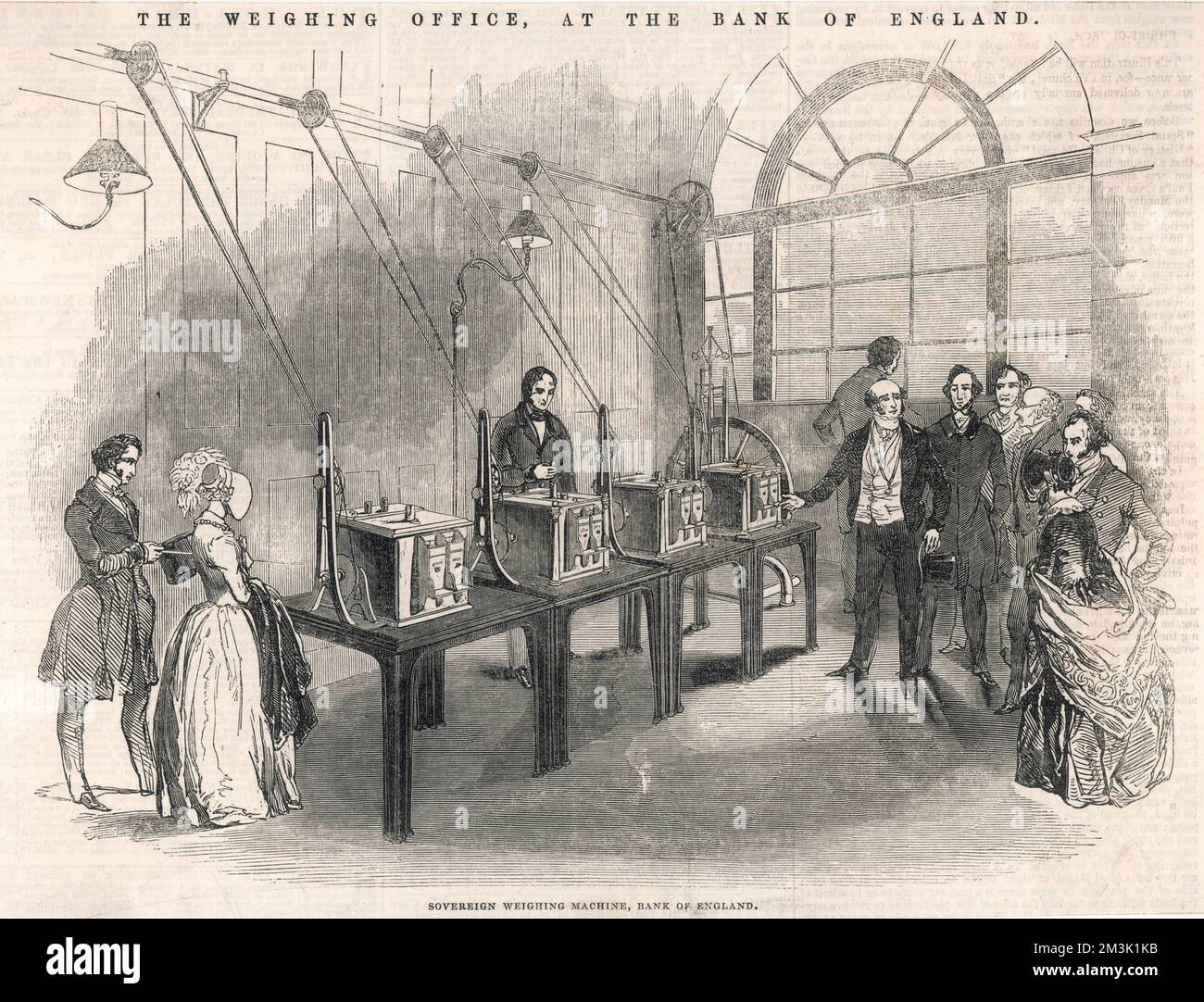 Machine élaborée utilisée pour peser les pièces d'or, pour s'assurer que le poids de la pièce est exactement correct. Les membres du public observent le processus, y compris deux femmes habillées finement dans des bonnets et des châles. Date: 1845 Banque D'Images