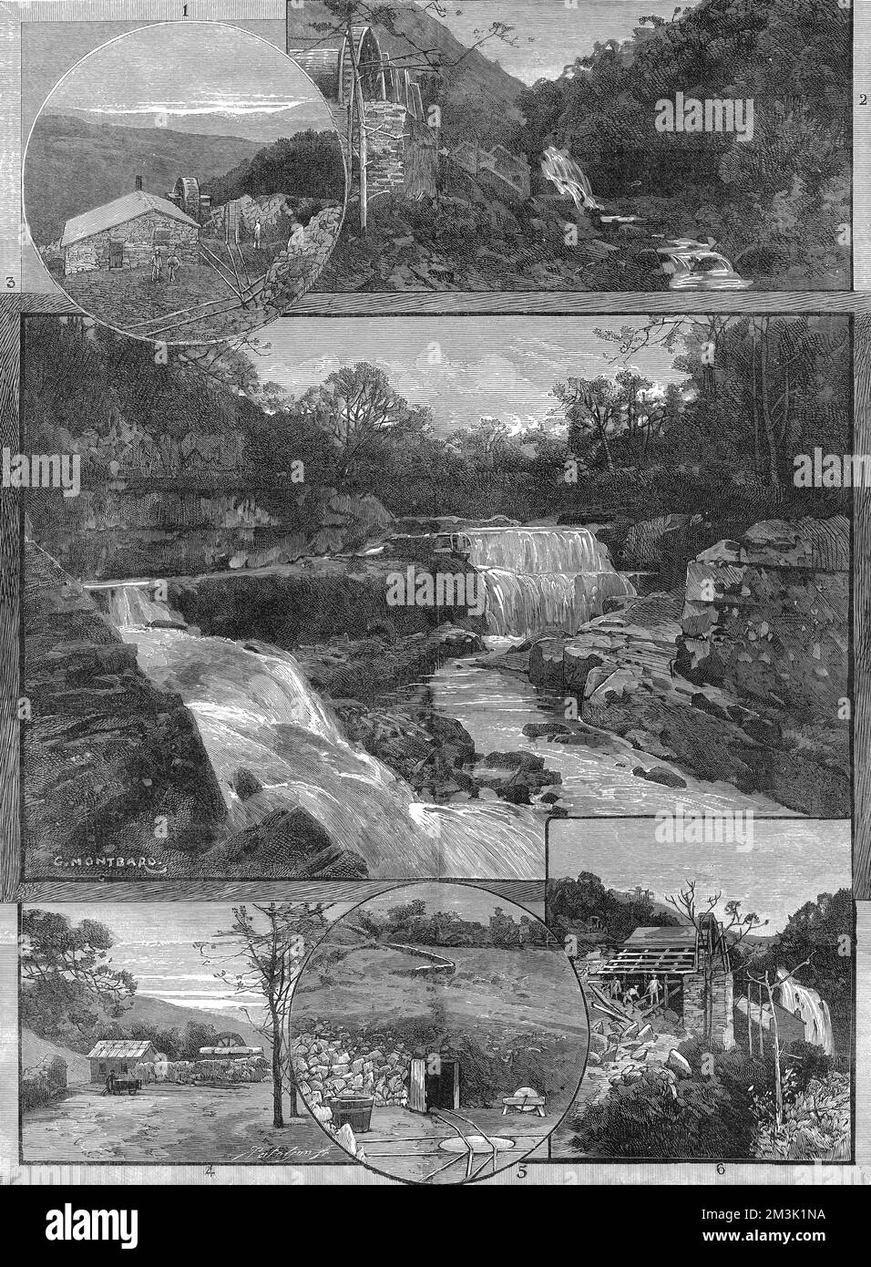 Série de scènes liées à l'exploitation aurifère à Gwynfynnydd, au nord du pays de Galles. L'image centrale montre les chutes supérieures de Pistyl y Caen et les images environnantes montrent les bâtiments de la mine. 1887 Banque D'Images
