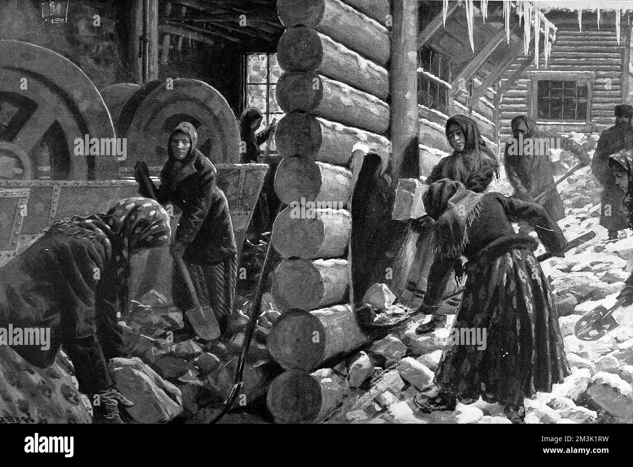 Illustration d'esquisses de l'artiste spécial Julius Price en Sibérie montrant des femmes russes travaillant sur les mines d'or de Sibérie, en pelant du minerai comme du charbon. Les femmes sont mal payées, pire que les hommes. Le minerai est écrasé par les moulins chiliens. Date: 1906 Banque D'Images