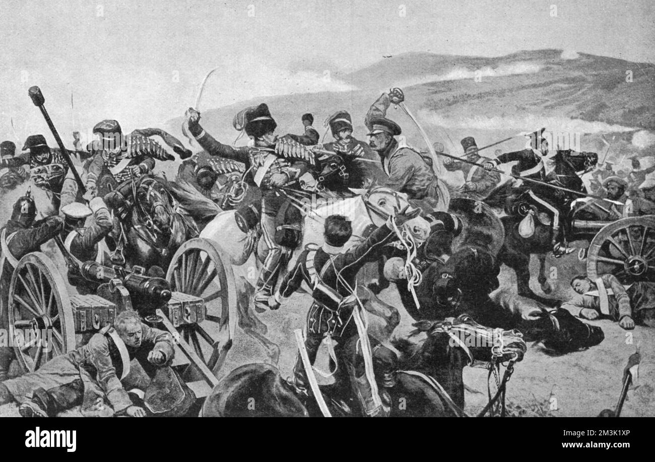 Illustration romancée par de la charge de la Brigade lumineuse à la bataille de Balaklava, Guerre de Crimée, reproduite comme une plaque colorée dans 'feuilles de Holly' en 1897. 1897 Banque D'Images