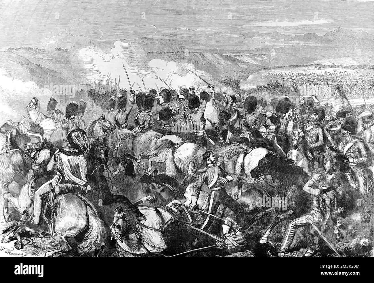 Bataille de Balaklava, montrant les Scots Grays à cheval dans l'épaisseur des combats, Guerre de Crimée, 1854. Certains des soldats sont morts et meurent au premier plan alors que les chevaux se chargent et s'en relèvent. Les Écossais gris ont été décomptés de six pour un par les forces russes, mais ont vaillamment combattu et tenu leur terrain. 1854 Banque D'Images