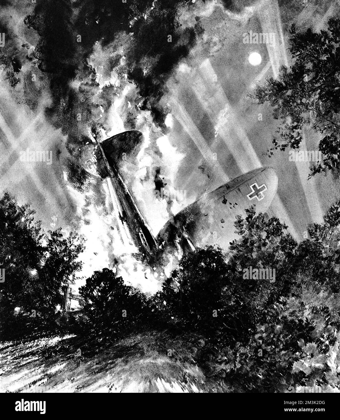 S'est écrasé le bombardier allemand Heinkel HE-111 brûlant dans un bois dans l'Essex, le 18th juin 1940. Ce bombardier avait participé à l'un des grands raids aériens de Londres et s'était envolé à la maison quand il a été abattu par l'artillerie anti-aérienne. 1940 Banque D'Images