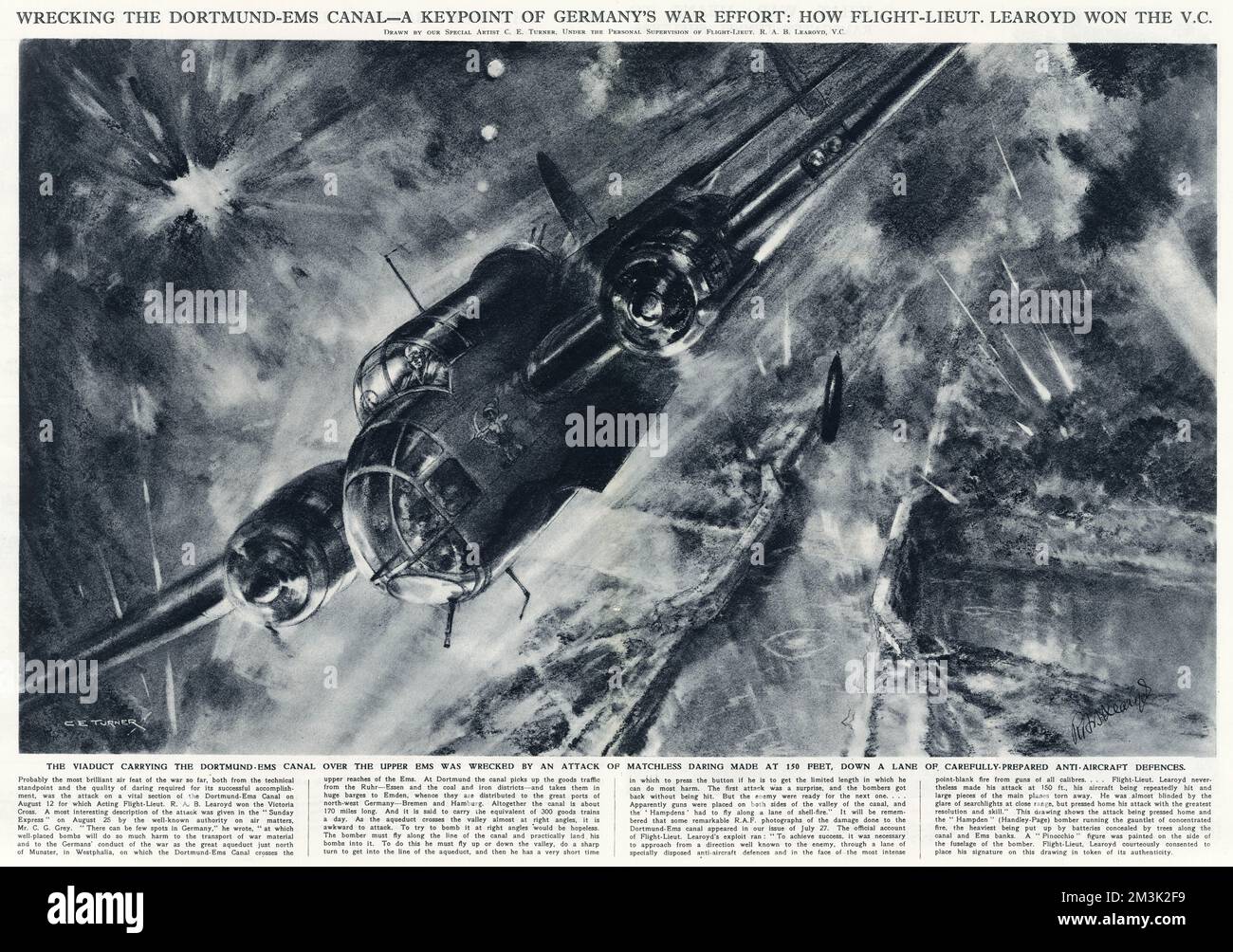 Bombardier Handley-page 'Hampden' de la Royal Air Force, commandé par le lieutenant de vol R.A.B. Learoyd, bombardant le canal Dortmund-EMS près de Munster en Allemagne, le 12th août 1940. Vol-Lt Learoyd a gagné une Croix de Victoria pour cette attaque réussie. Banque D'Images