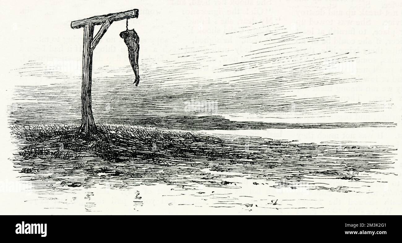Un homme mort suspendu d'une laisse sur un terrain vide, Grande-Bretagne, c.1877. Banque D'Images