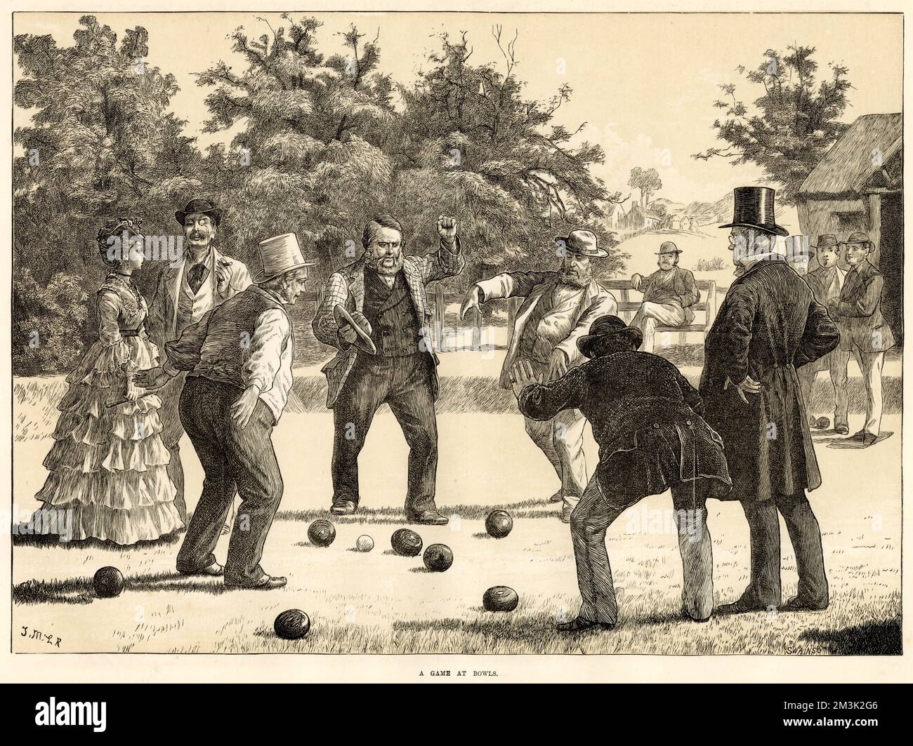 Jeu de boules sur une pelouse de bowling quelque part en Angleterre, vers 1872. Quatre joueurs semblent contester vigoureusement le résultat. Banque D'Images