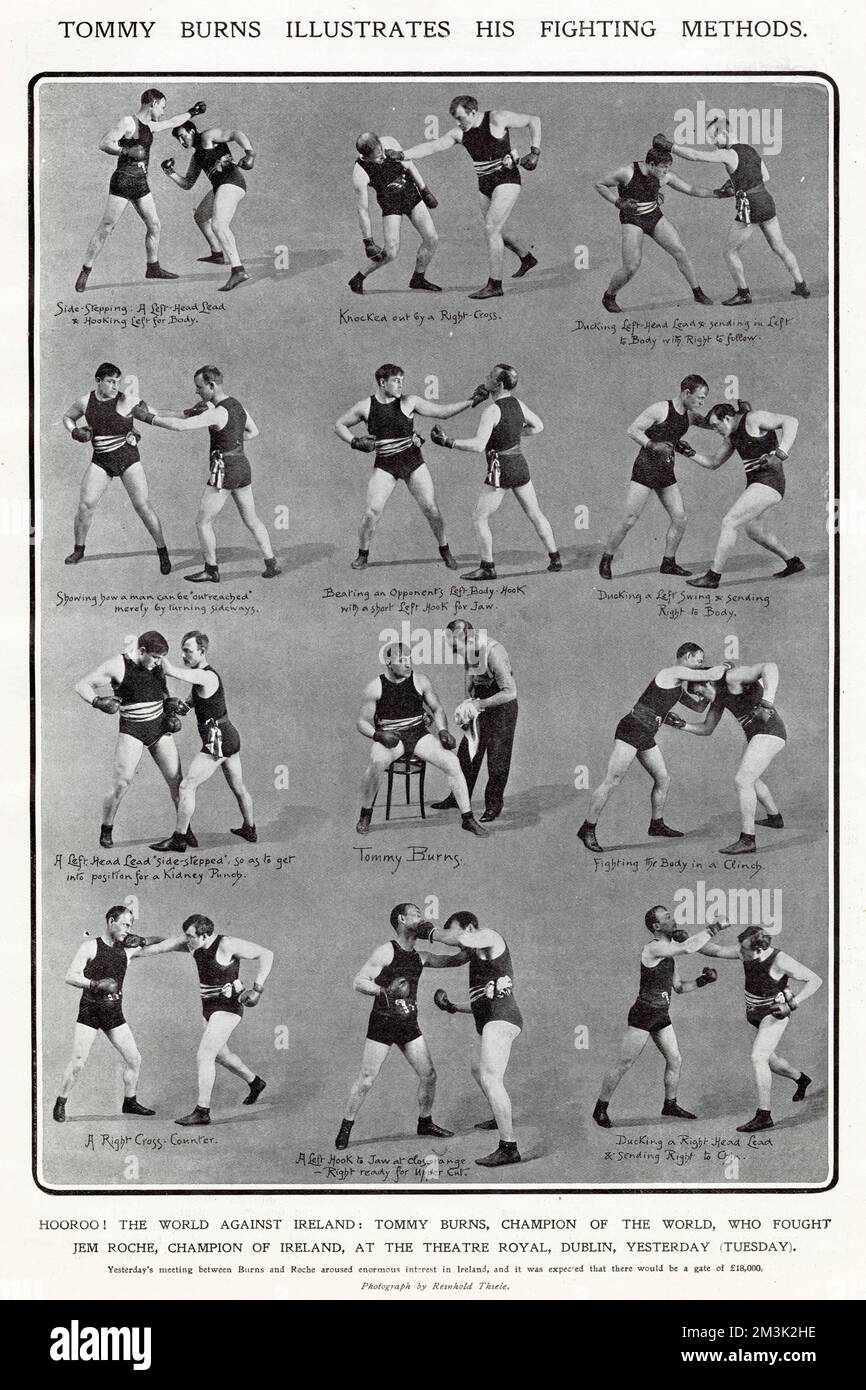 Série de photographies montrant Tommy Burns (1881 - 1955), boxeur de poids lourd canadien, boxe avec un partenaire de combat, 1908. Burns a été champion du monde de poids lourd entre 1906 et 1908. Banque D'Images