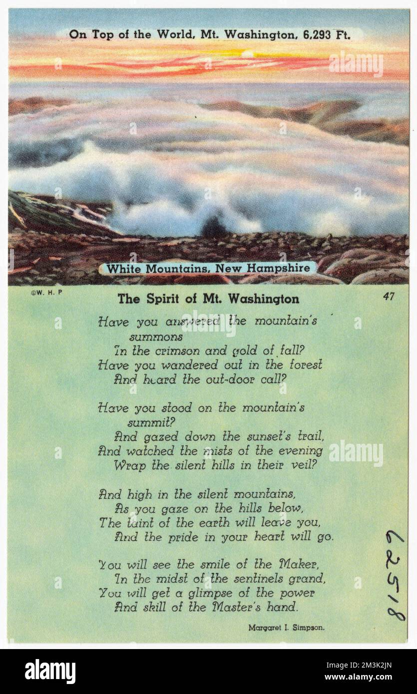 Au sommet du monde, Mt. Washington, 6 293 m, White Mountains, New Hampshire , montagnes, Tichnor Brothers Collection, cartes postales des États-Unis Banque D'Images