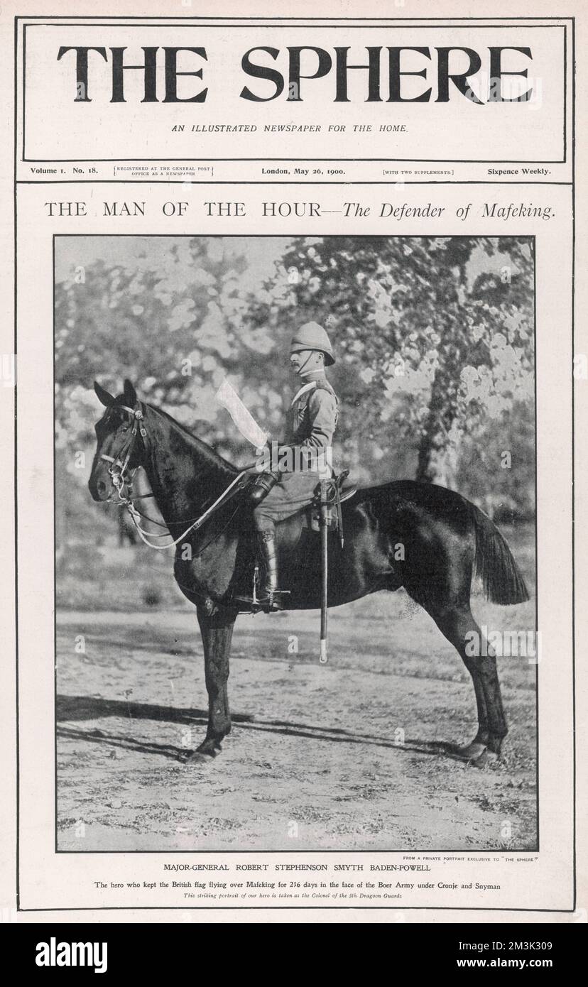 Robert Baden-Powell, 1st Baron Baden-Powell (1857 - 1941), soldat anglais et fondateur des Boy Scouts, photographié à cheval quand colonel des Dragoon Guards 5th. 1900 Banque D'Images