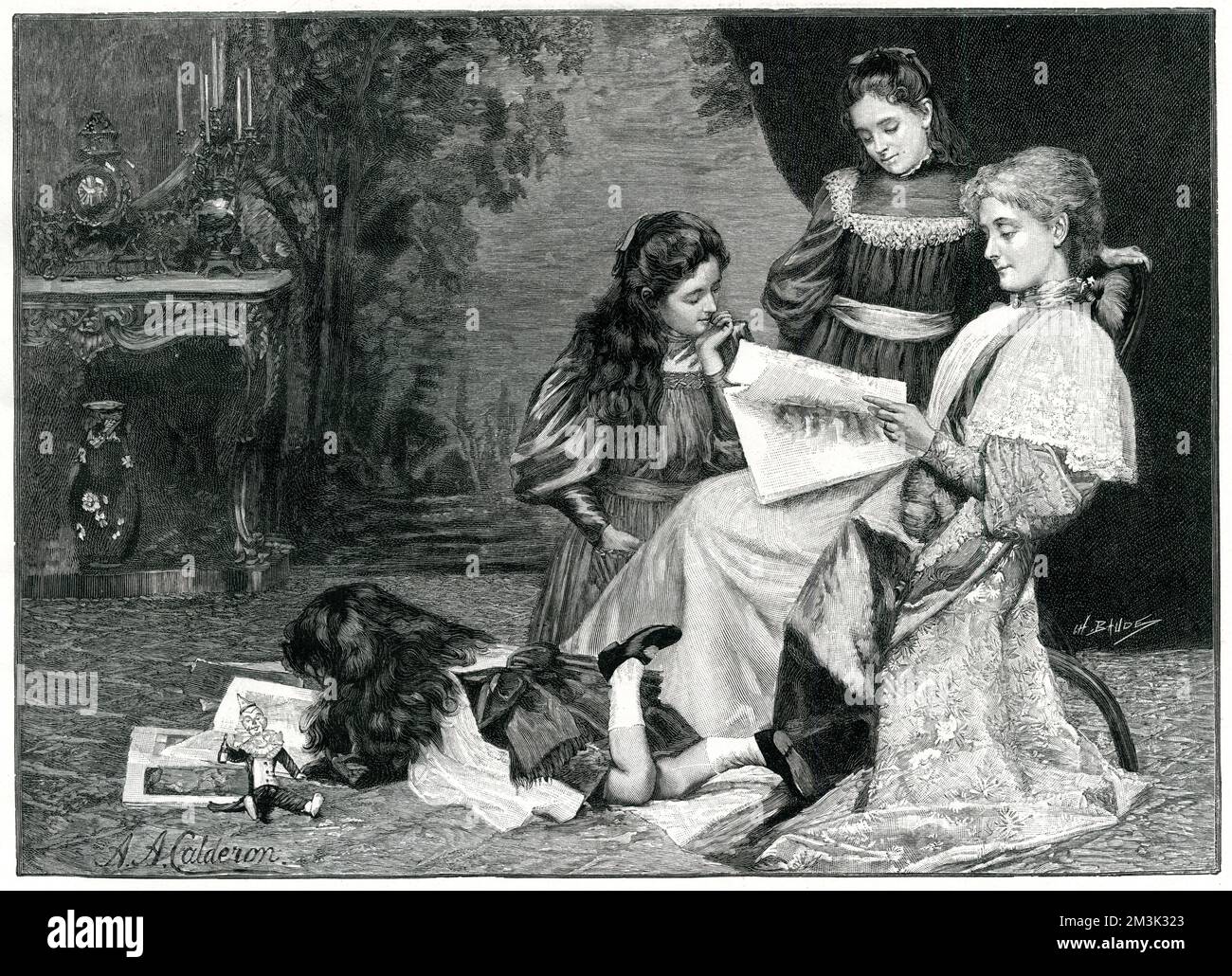 Montrant une mère victorienne et ses trois enfants lisant les articles illustrés dans leur salle de dessin, Grande-Bretagne, c.1897. Date: 1897 Banque D'Images