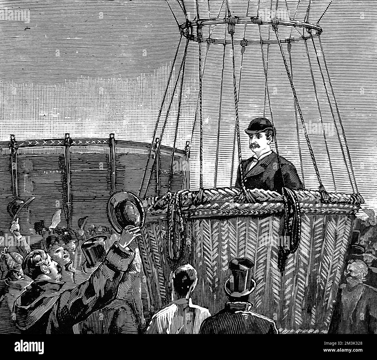Colonel Frederick Burnaby (1842 - 1885), soldat et explorateur anglais, dans son ballon à air chaud juste avant sa traversée de la Manche en 1882. Ce faisant, il est devenu le premier ballon à traverser la Manche seule. Date : 31 janvier 1885 Banque D'Images