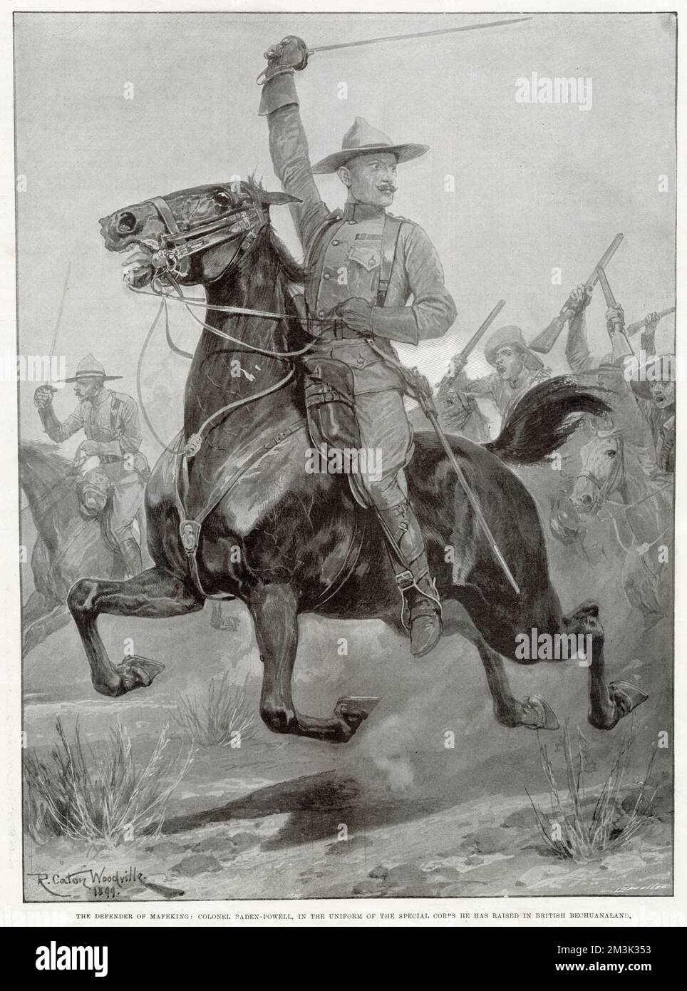 Robert Baden-Powell, 1st Baron Baden-Powell, à la tête d'une accusation de cavalerie en Afrique du Sud. Il est montré dans l'uniforme du corps spécial, qu'il a élevé dans British Bechuanaland. À son retour en Grande-Bretagne, Baden-Powell est devenu plus connu comme le fondateur des Boy Scouts. Date: 1899 Banque D'Images