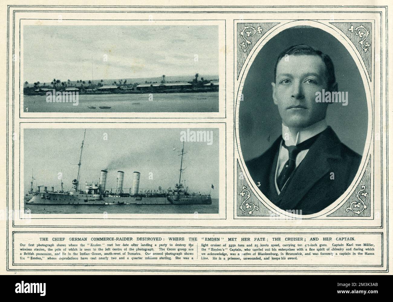 La photographie montre où l'Emden a rencontré son destin. Karl Friedrich Max von Muller (1873 - 1923), capitaine du célèbre Raider de commerce allemand, le croiseur léger SMS Emden pendant la première Guerre mondiale Date: 1914 Banque D'Images