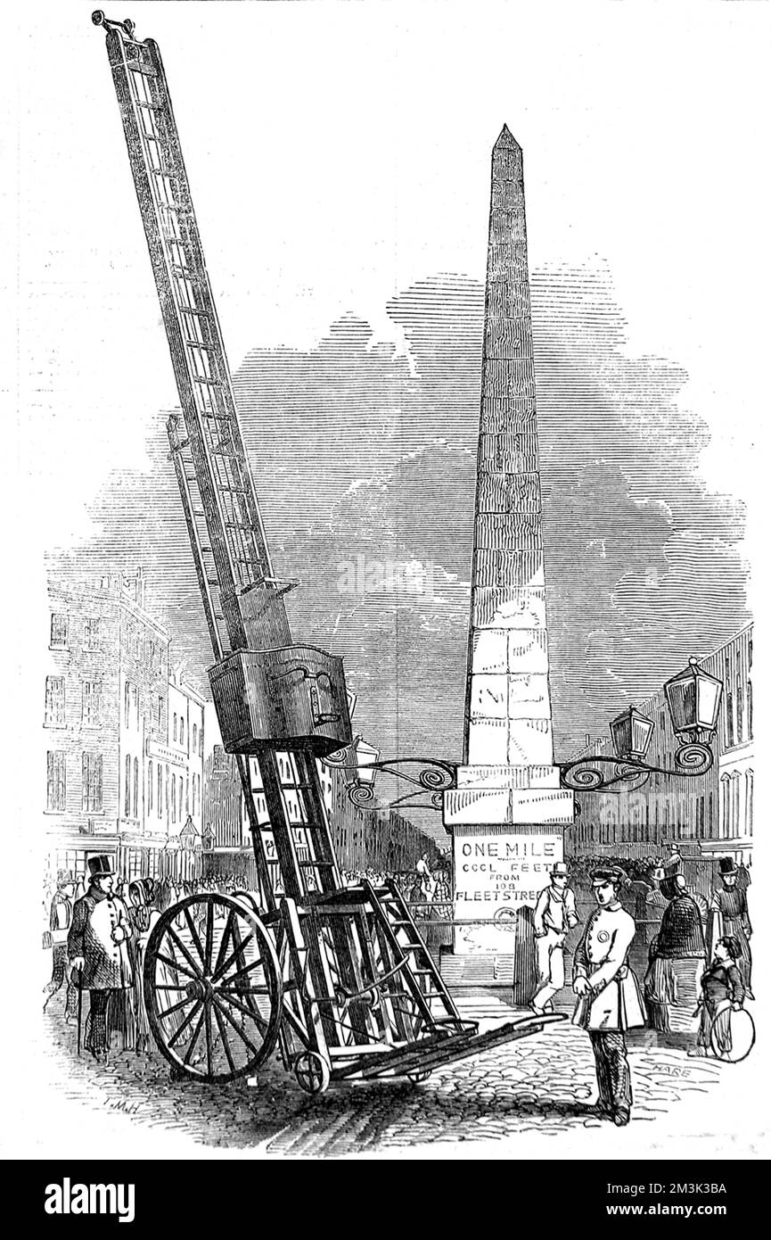 Une fuite au feu portable, conçue par M. Davies et utilisée par la Société royale pour la protection de la vie contre le feu, stationnée à l'Obélisque, Blackfriars Road, Londres. Date: 1849 Banque D'Images
