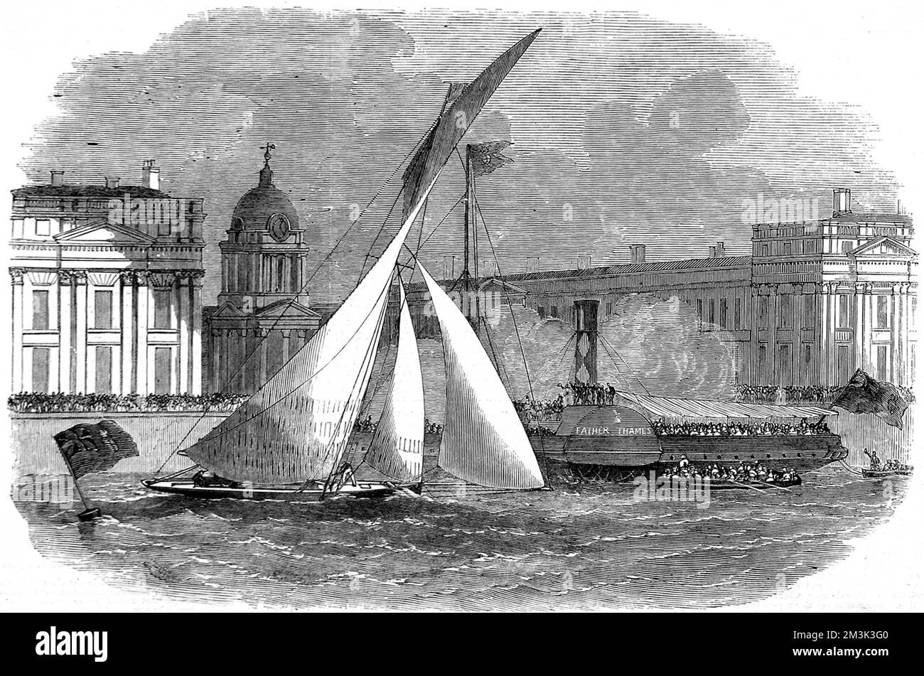 Le yacht 'Julia' a remporté le match du Royal London Yacht Club en étant le premier après la marque, River Thames au large de Greenwich, Londres. En arrière-plan, on peut voir le bateau à aubes, le « Père Thames », rempli de spectateurs et les bâtiments de l'hôpital Royal Naval au-delà. 1858 Banque D'Images