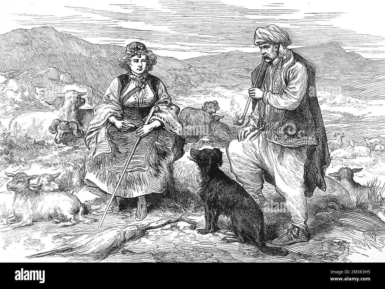 Un couple de bergers, en train de déchonner leurs animaux, en Dalmatie (aujourd'hui Croatie). 1875 Banque D'Images