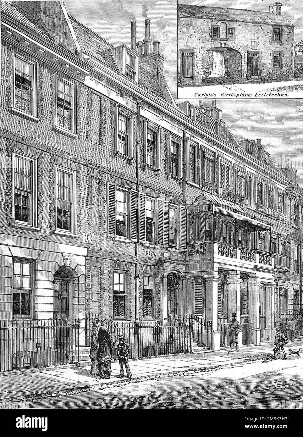 Cheyne Row, Chelsea, Londres, en 1881. Thomas Carlyle (1795-1881), historien et essayiste écossais, y vit. Le lieu de naissance de Carlyle à Ecclefechan, à Dumfries et Galloway, est illustré dans l'encart en haut à droite. 1881 Banque D'Images