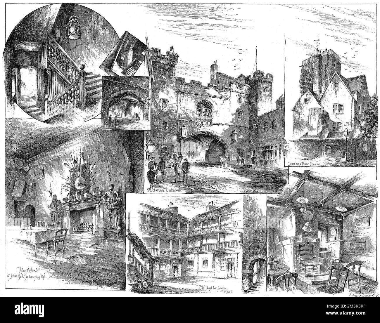 Nombre de vues de 'Old' Islington et Clerkenwell, 1884. Les vues sont (dans le sens des aiguilles d'une montre en partant du haut à droite): Tour Canonbury, Islington; salle Samuel Johnson; Old Angel Inn, Islington; Salle de banquet de la porte St John's; escalier de la porte St John's; porte St John's, Clerkenwell. 1884 Banque D'Images