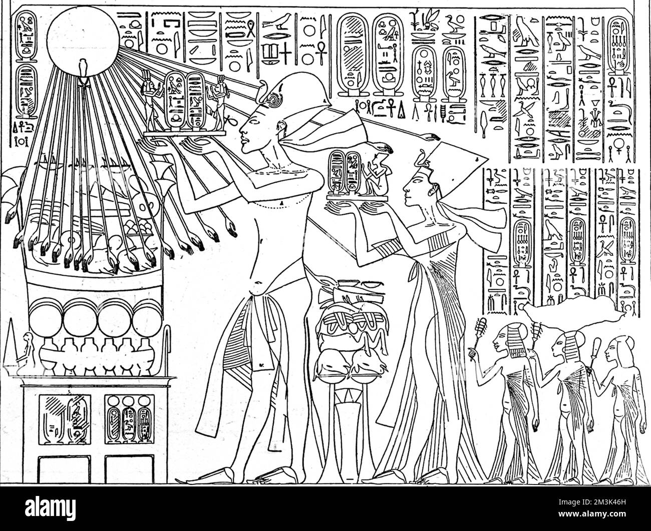 Le roi Akhénaton et la reine Néfertiti font un sacrifice Banque D'Images