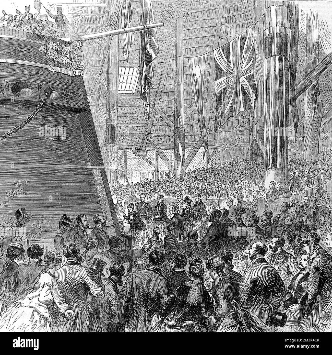 Princess Louise (1848 - 1939), libérant le dog-shore pour le lancement du bateau à vis-corvette, 'Drid' au chantier naval Deptford, Londres. 1869 Banque D'Images