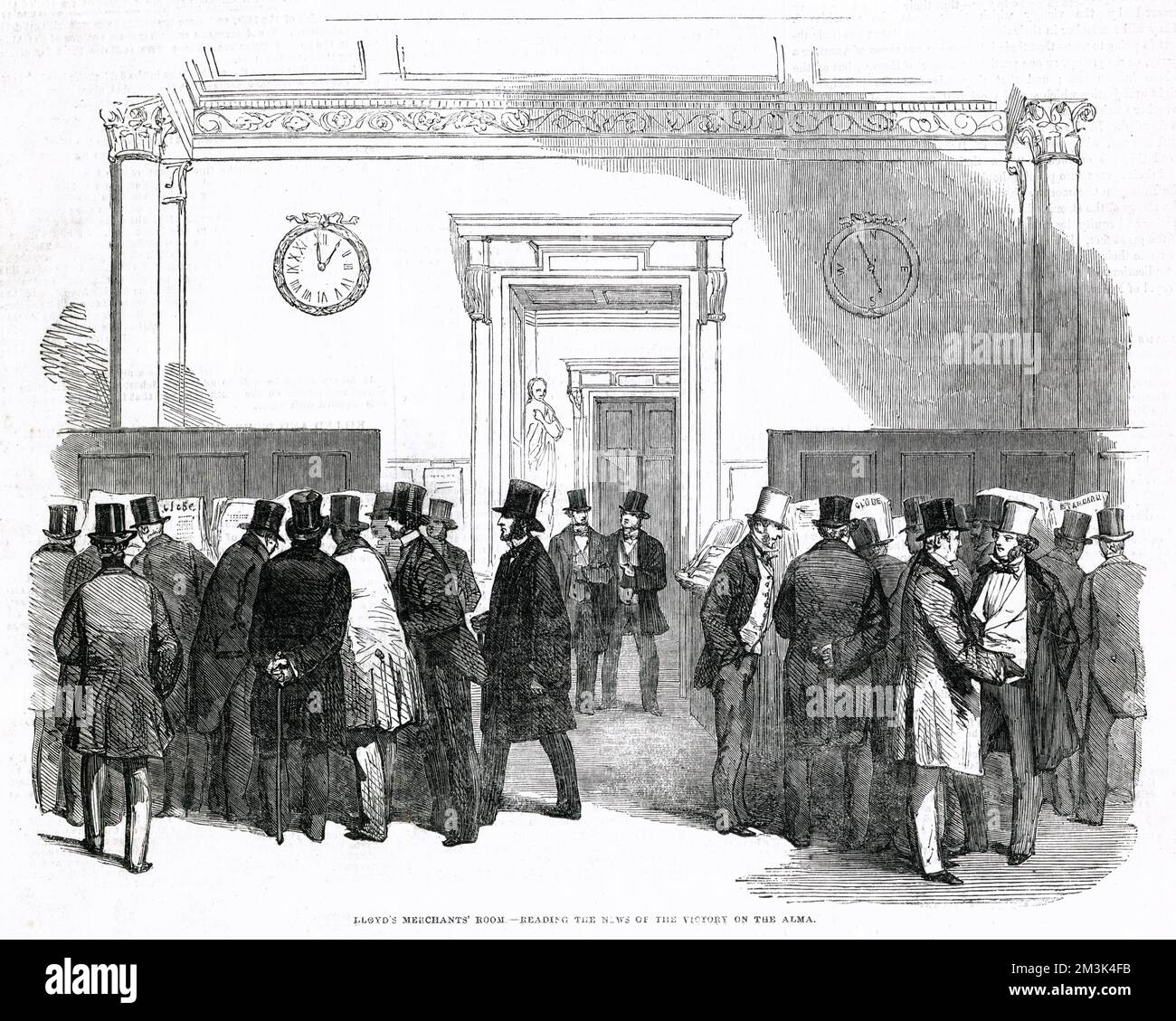 Merchant Room au Lloyd's de Londres, avec les souscripteurs lisant les dernières nouvelles de la guerre de Crimée. Banque D'Images
