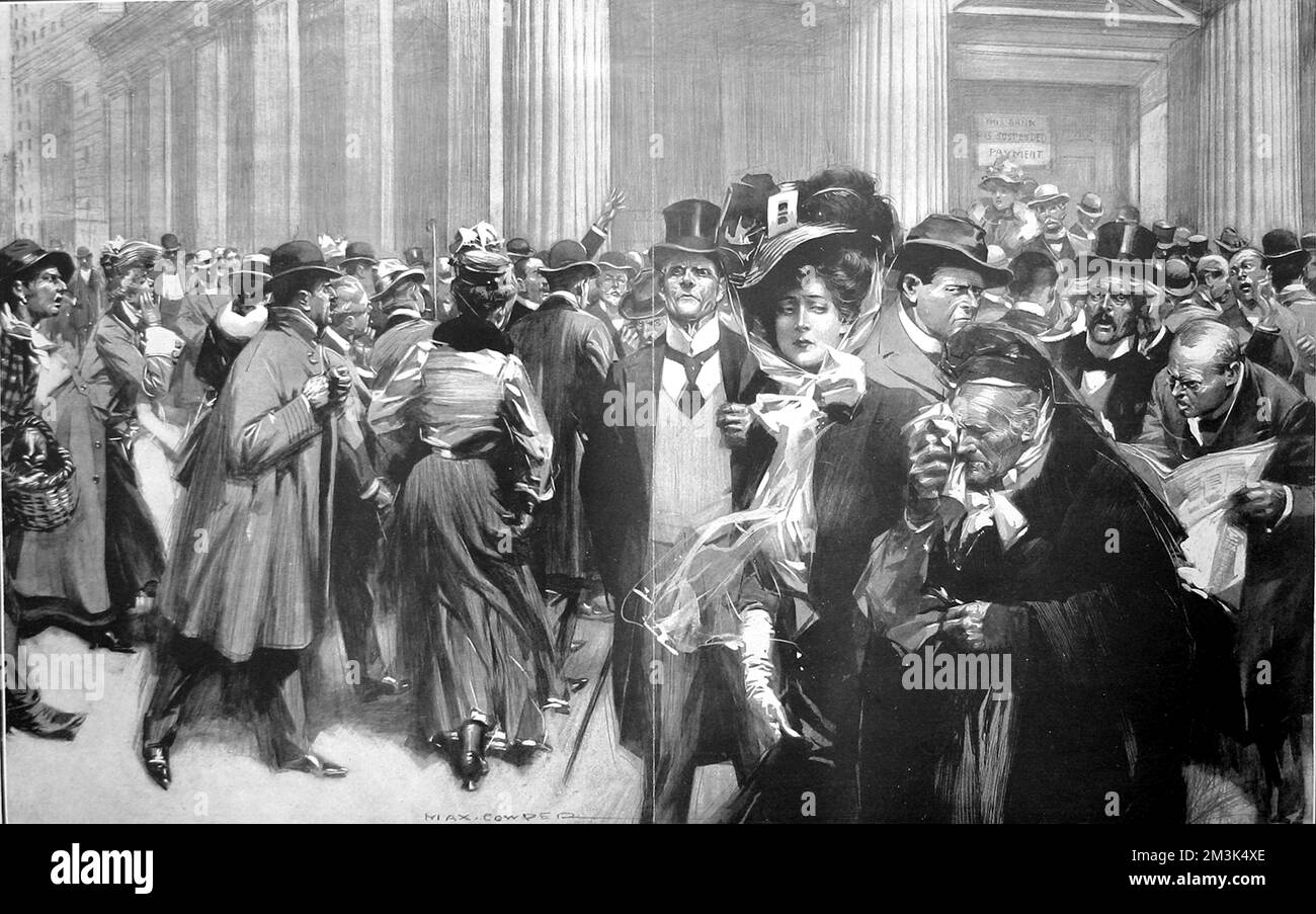 Au cours de l'été 1907, l'économie américaine présentait des signes de faiblesse alors qu'un certain nombre de maisons d'affaires et de maisons de courtage de Wall Street faisaient faillite. En octobre, le respecté Knickerbocker Trust de New York et la Westinghouse Electric Company ont tous deux échoué, déclenchant une série d'événements connus sous le nom de panique. Date : octobre 1907 Banque D'Images
