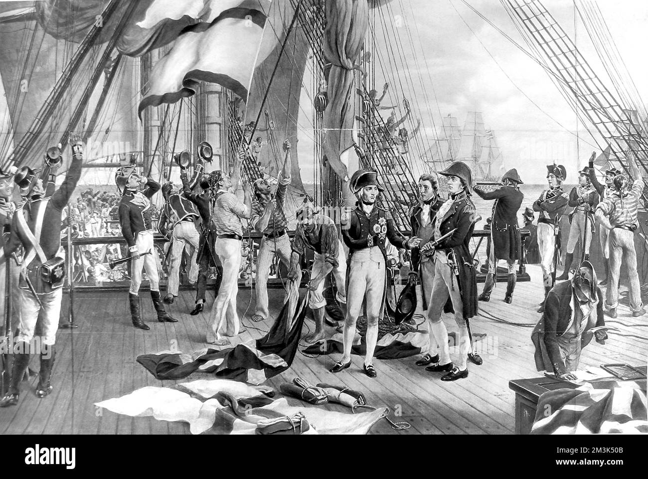 Lors de la bataille de Trafalgar, le 21 octobre 1805, Nelson donne son dernier signal célèbre 'l'Angleterre s'attend à ce que chaque homme fasse son devoir'. Il avait dit à ses officiers: "Je dois donner quelque chose à la flotte au moyen d'un fillip". Ce dernier signal a certainement encouragé la flotte, car il y avait une réponse de l'enthousiasme enthousiaste et l'Angleterre a continué à gagner la bataille bien que Nelson ait perdu sa vie ce jour-là. Cette reproduction est tirée de la peinture originale de Thomas Davidson. Banque D'Images