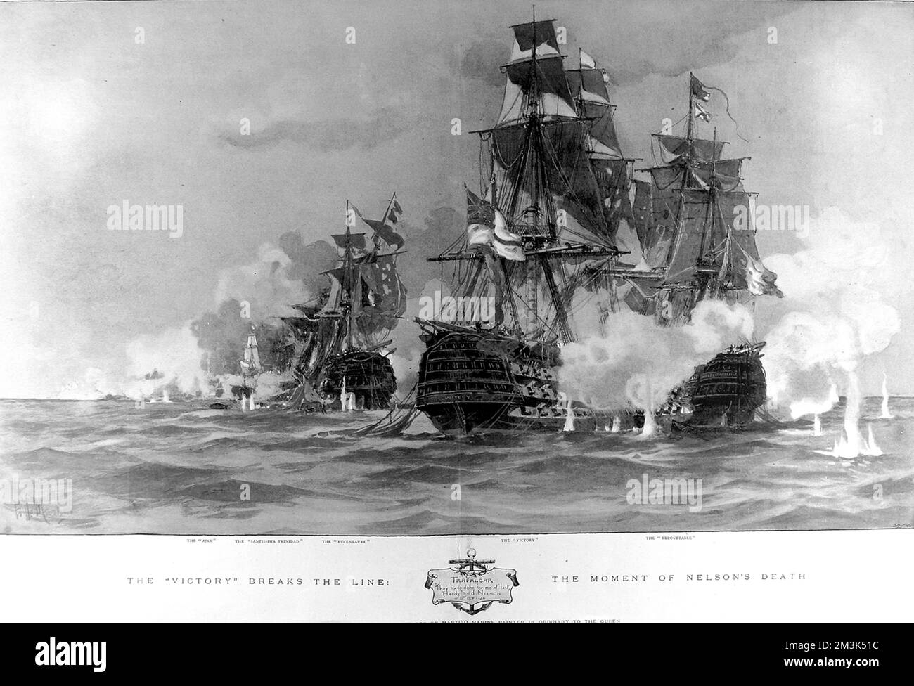 Le moment de la bataille de Trafalgar, le 21 octobre 1805, où le HMS 'victoire' a traversé la ligne ennemie et aussi le moment des blessures mortelles de Nelson. Il montre les positions des navires, Ajax, Santissima Trinidad, Bucentaure, la victoire et la redoute. Date : 21 octobre 1805 Banque D'Images