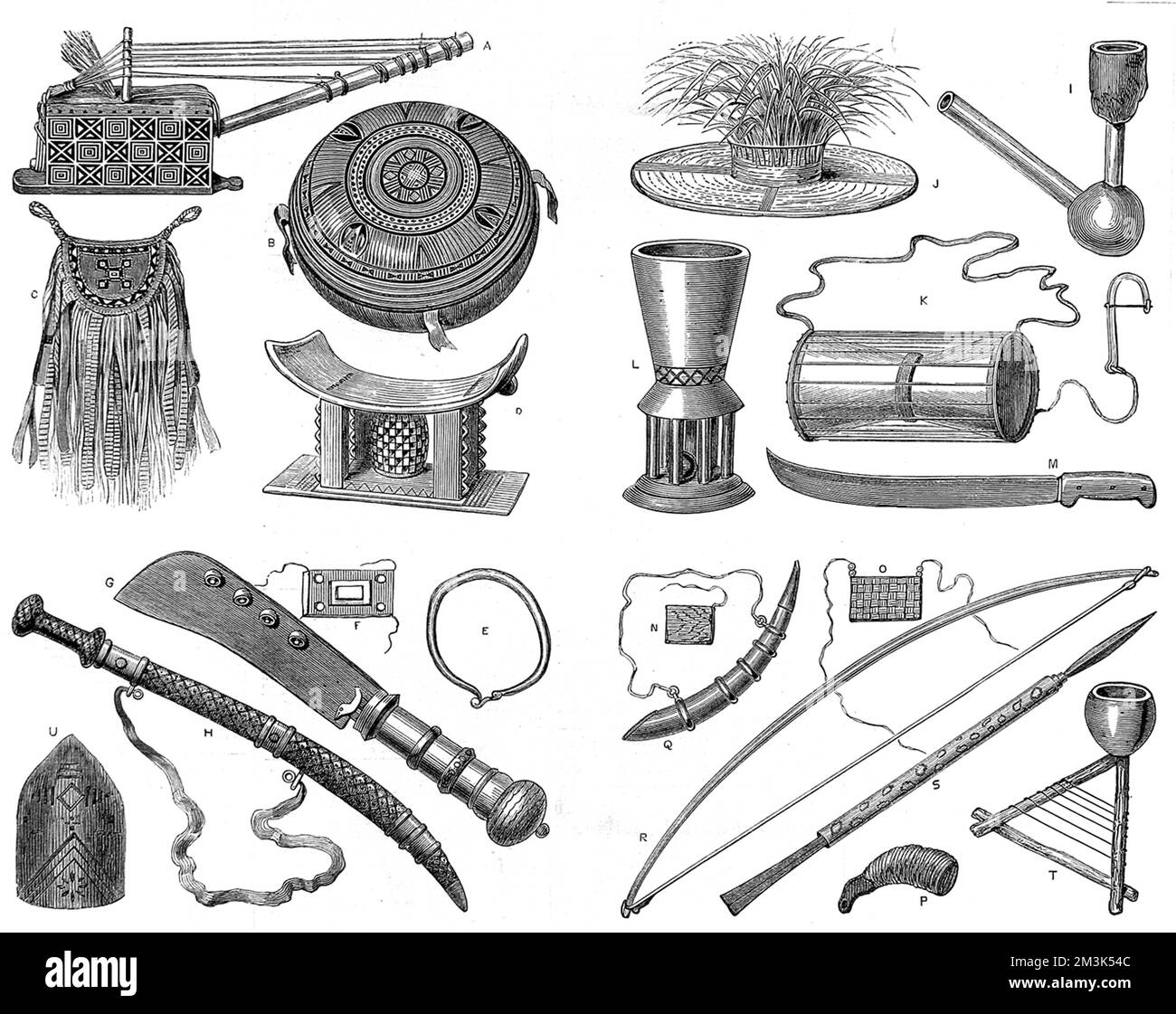 A. Sanko, instrument de musique B. coussin C. Ashanti Sac d'état du ministre D. tabouret de Fantee, coupé en bloc solide de bois de coton E. et F. War Greegreegreegrees ou charmes en cuir et paille travaillé en G. couteau de bureau utilisé pour les sacrifices humains, la lame est de fer, Avec quatre cloches en laiton attachées, la poignée en bois, liée et ornée de laiton H. Native Sword I. Kroo Boy's pipe, le bol est d'argile relié à une gourde par le tube de roseau et le roseau pour tige J. Native Chief chapeau de paille avec l'herbe sur le dessus K. tambour de guerre et le pilon L. snuff-Mill, une boule lâche dans les piliers, la coupe entière Banque D'Images