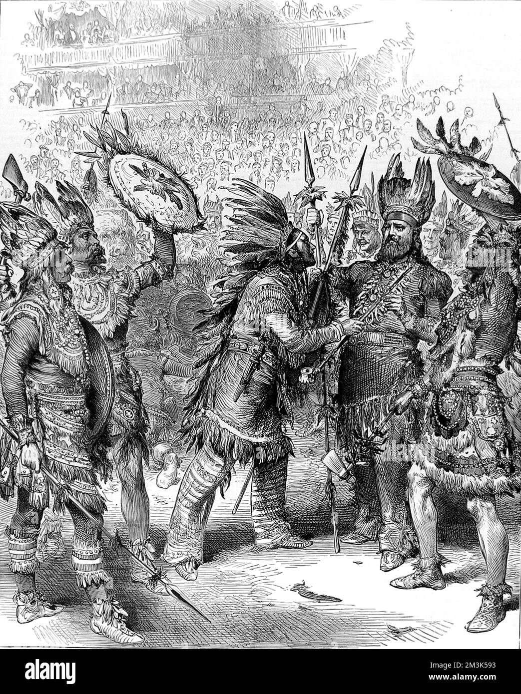Les membres du Savage Club, vêtus d'Indiens d'Amérique, divertirent leurs collègues membres du club au Royal Albert Hall, Londres, 1883. Banque D'Images
