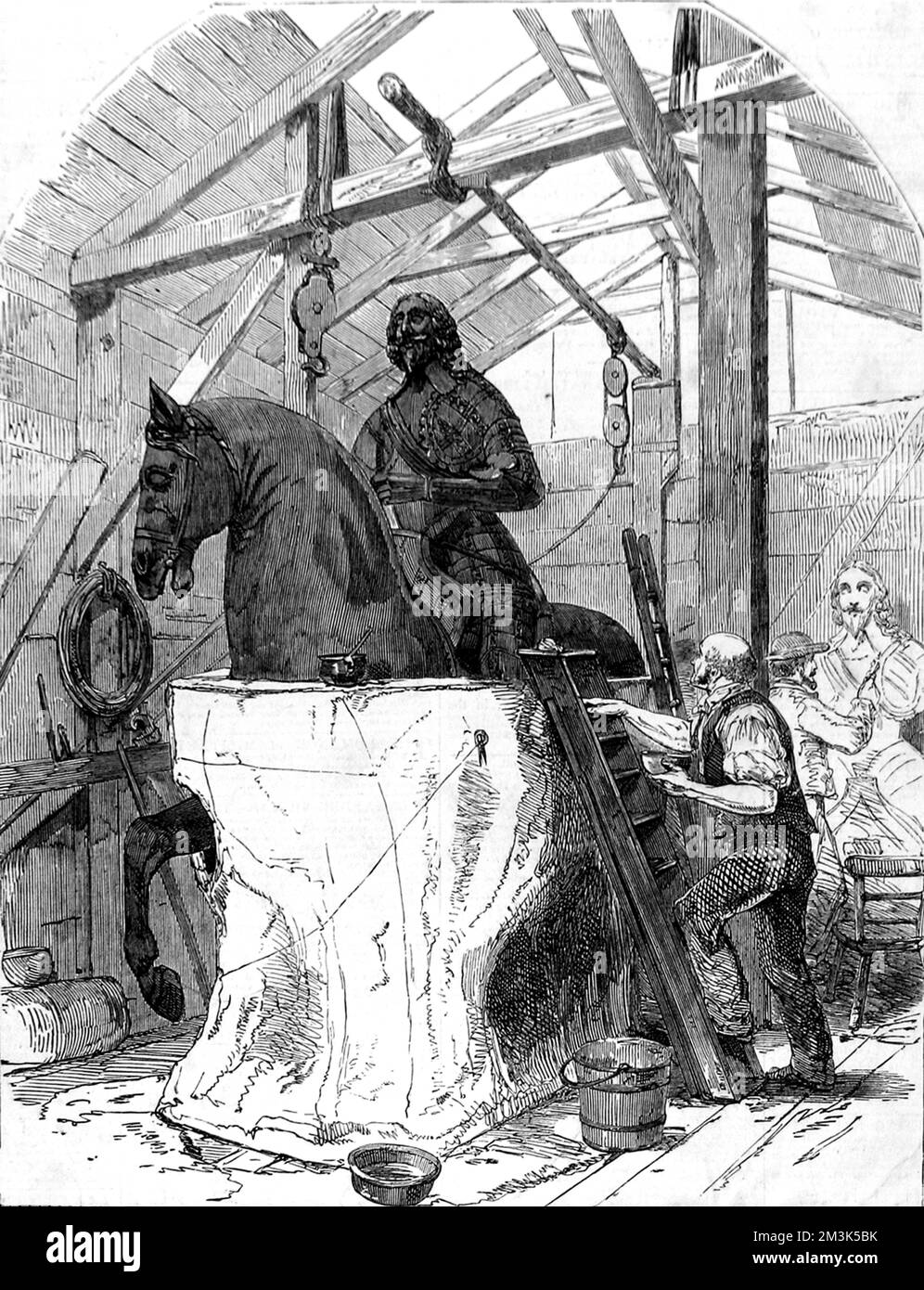 La création d'une coulée de plâtre de la statue équestre du roi Charles I datant du 17th siècle à Charing Cross, Londres, 1853. Banque D'Images