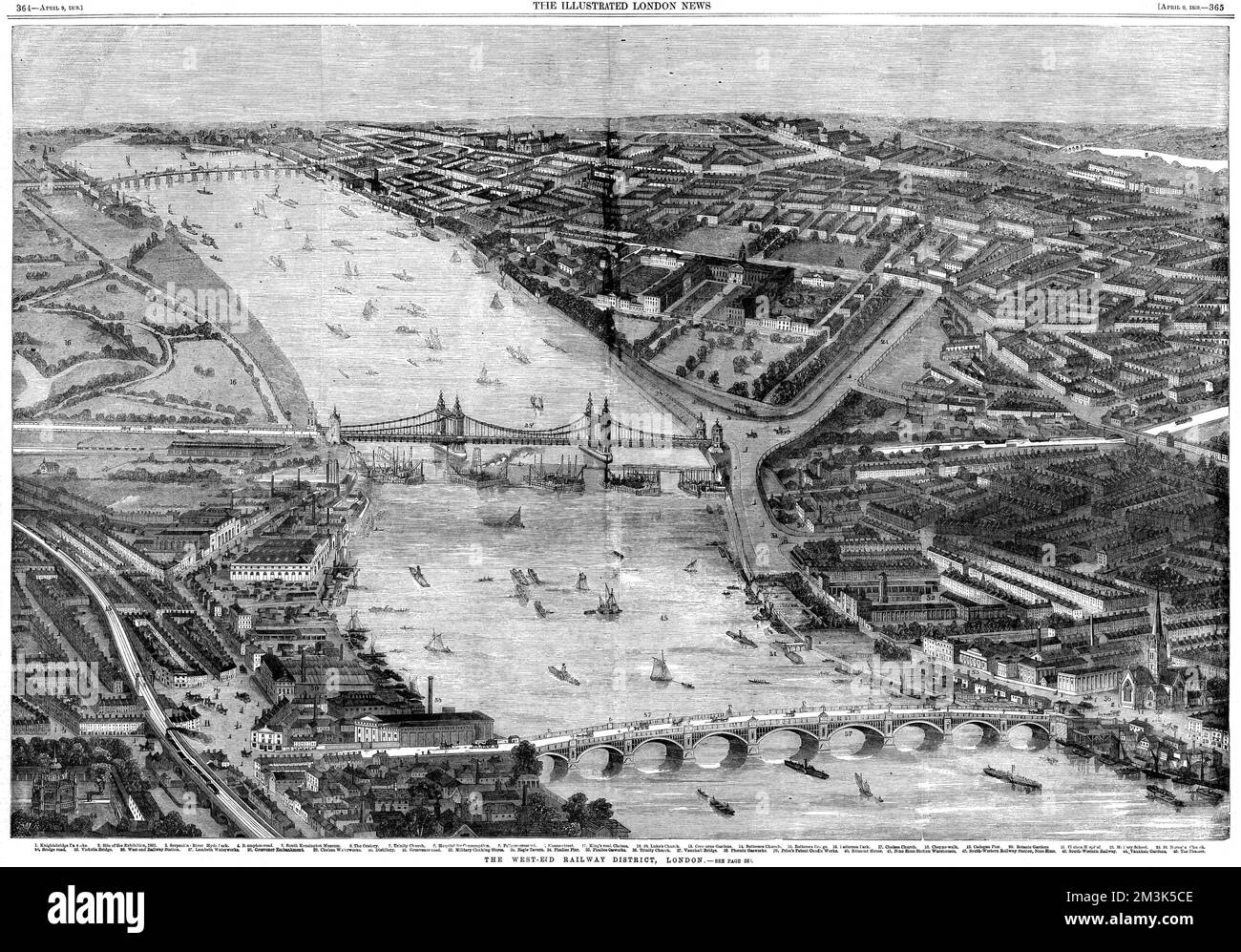 Vue aérienne de l'extrémité ouest de Londres, de Vauxhall (en premier plan) à Battersea (arrière, gauche). Le pont Victoria traverse la Tamise au centre de l'image. 1859 Banque D'Images