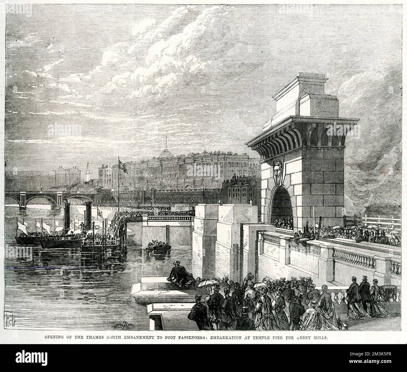 Ouverture du quai Thames North Embankment, Londres, à Temple Pier pour les passagers à pied en 1868. Plusieurs ferries embarquent des passagers pour Abbey Mills. Date: 1868 Banque D'Images