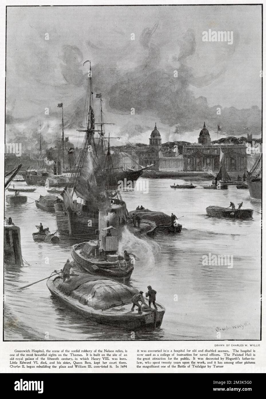Vue sur la Tamise, de l'île des chiens, en direction de l'hôpital naval de Greenwich, Londres. Plusieurs briquets, un remorqueur à vapeur, une barge à voile et un grand bateau à vapeur à aubes sont visibles dans la rivière. Banque D'Images