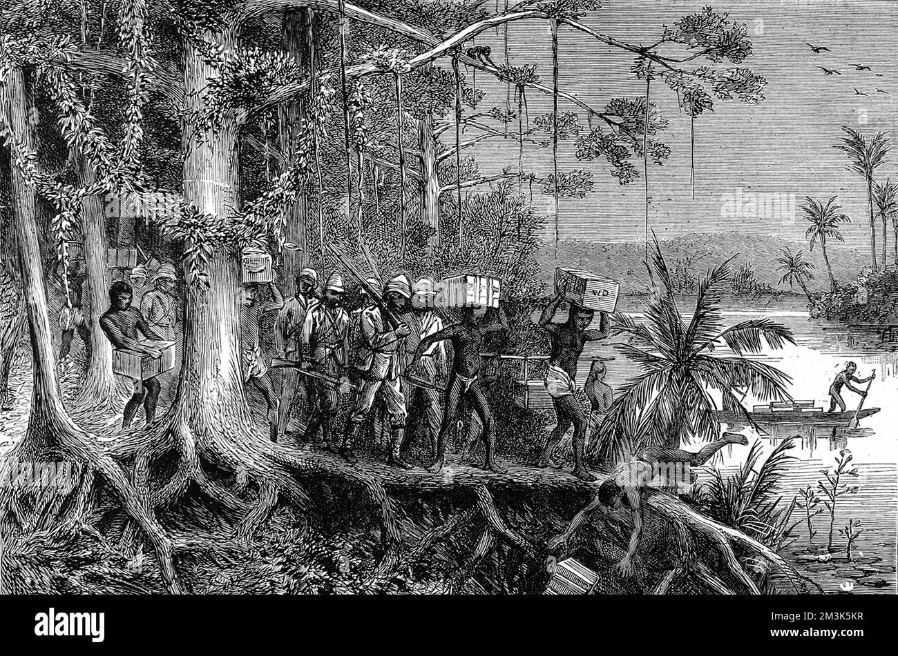Cela montre les difficultés des porteurs indigènes lorsqu'ils ont essayé de traverser les mangroves sur les rives de la rivière Prah. Ici, un porteur natif glisse et tombe et tombe la caisse lourde qu'il porte. En 1873, après des décennies de relations difficiles entre les Britanniques et le peuple Açing du centre du Ghana, les Britanniques ont attaqué et pratiquement détruit la capitale Asanti de Kumasi, et ont officiellement déclaré le Ghana une colonie de la couronne le 24 juillet 1874. 7 mars 1874 Banque D'Images